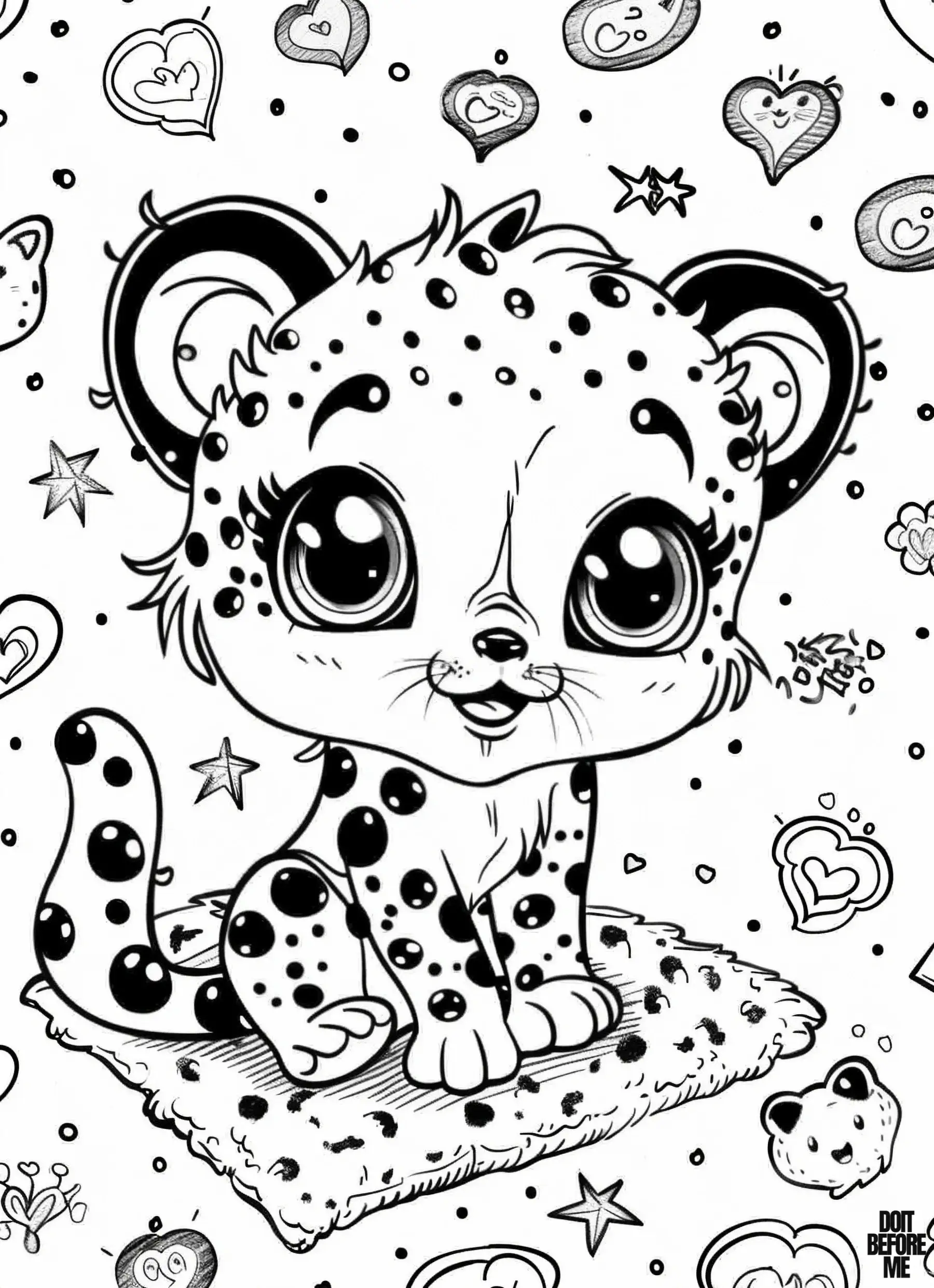 Coloring sheet of a cute baby cheetah sitting on a rug, with numerous adorable hearts and other charming elements scattered around the cheetah to color.