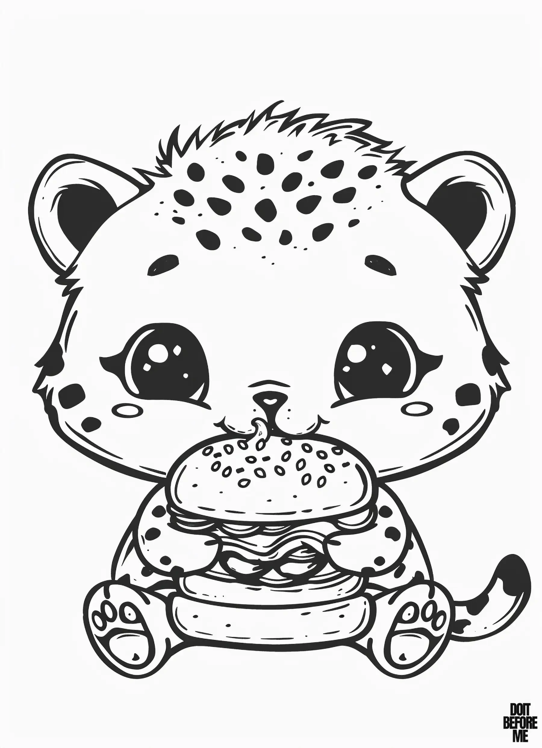 A slightly chubby cheetah cub eats a hamburger, smiling with his eyes as he uses his hands.