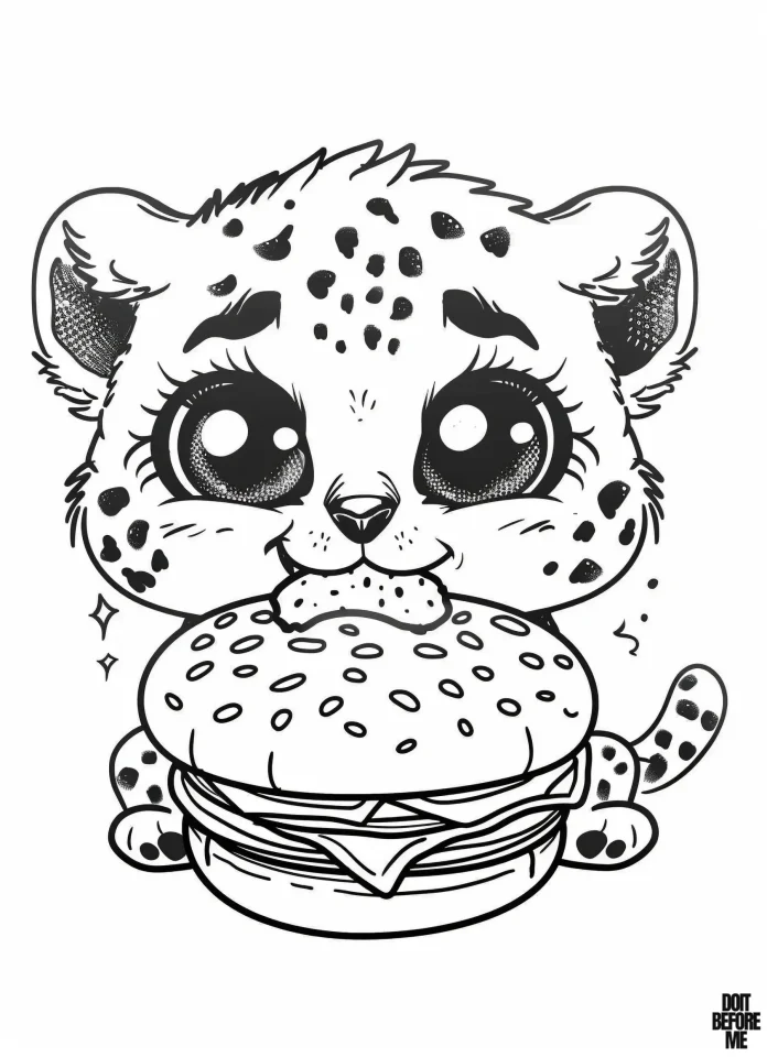 The baby cheetah cub has big, kawaii eyes and a cute facial expression as she bites into a hamburger as big as she is tall.