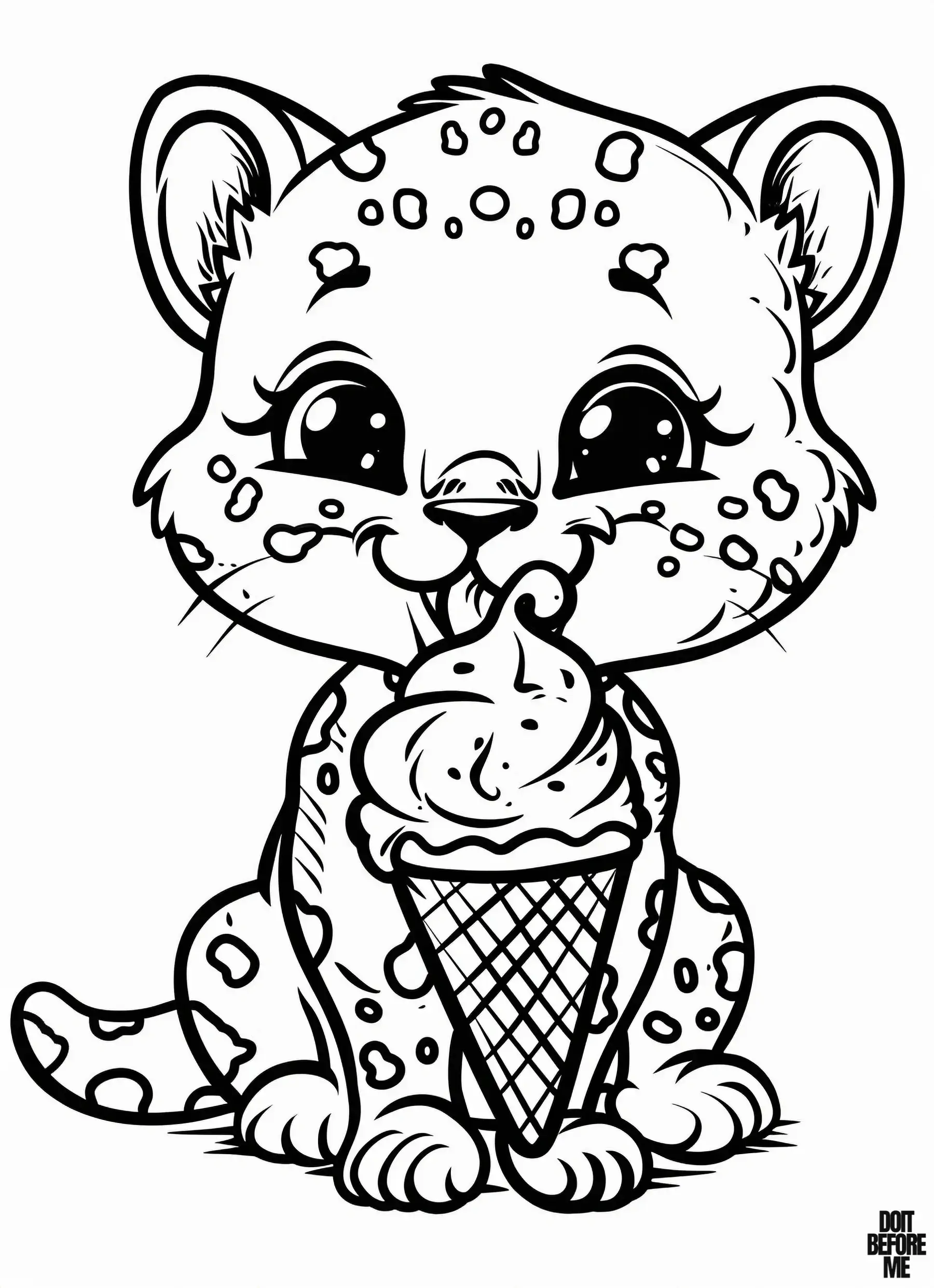 A cheetah cub, hungrily eating ice cream, sits with prominent eyelashes and large eyes.