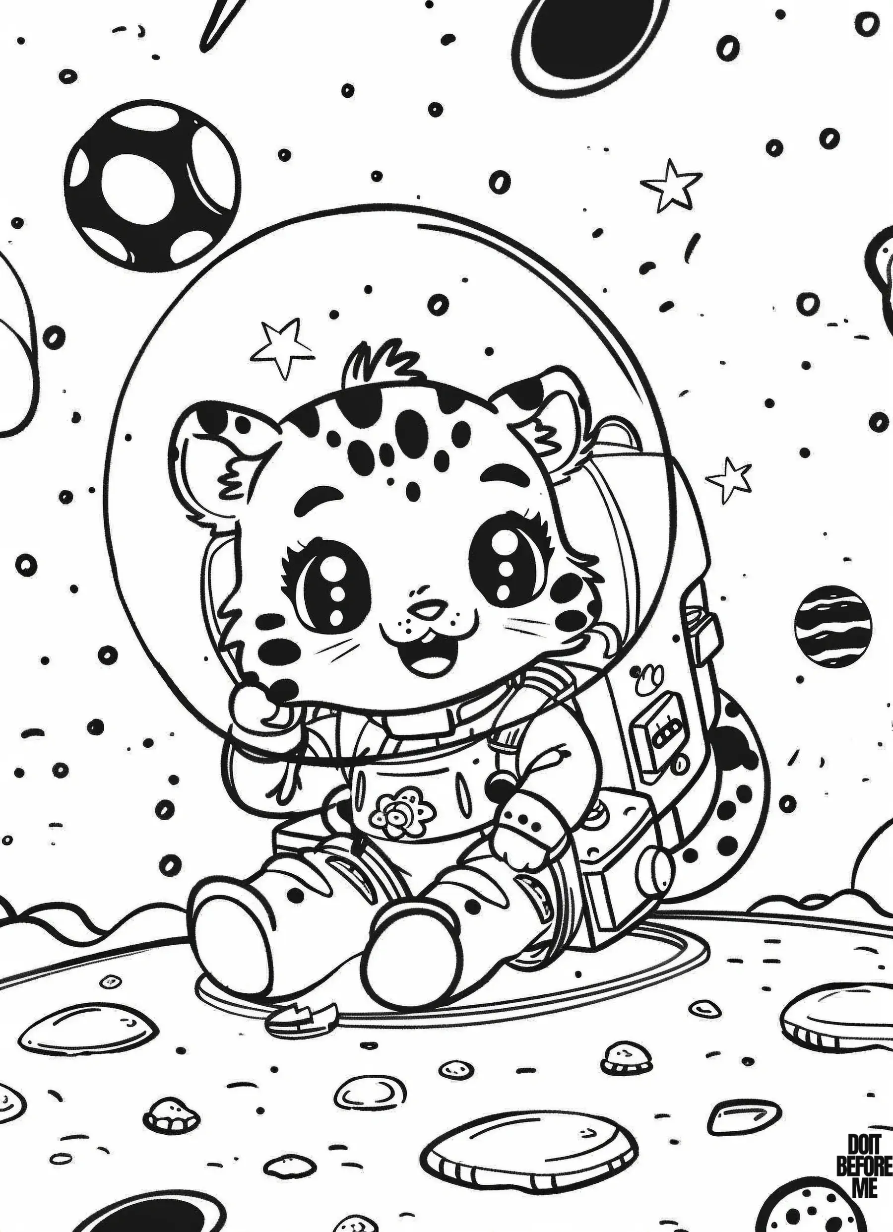 A cute cheetah cub in an astronaut suit sitting on an unknown planet, with space in the background.