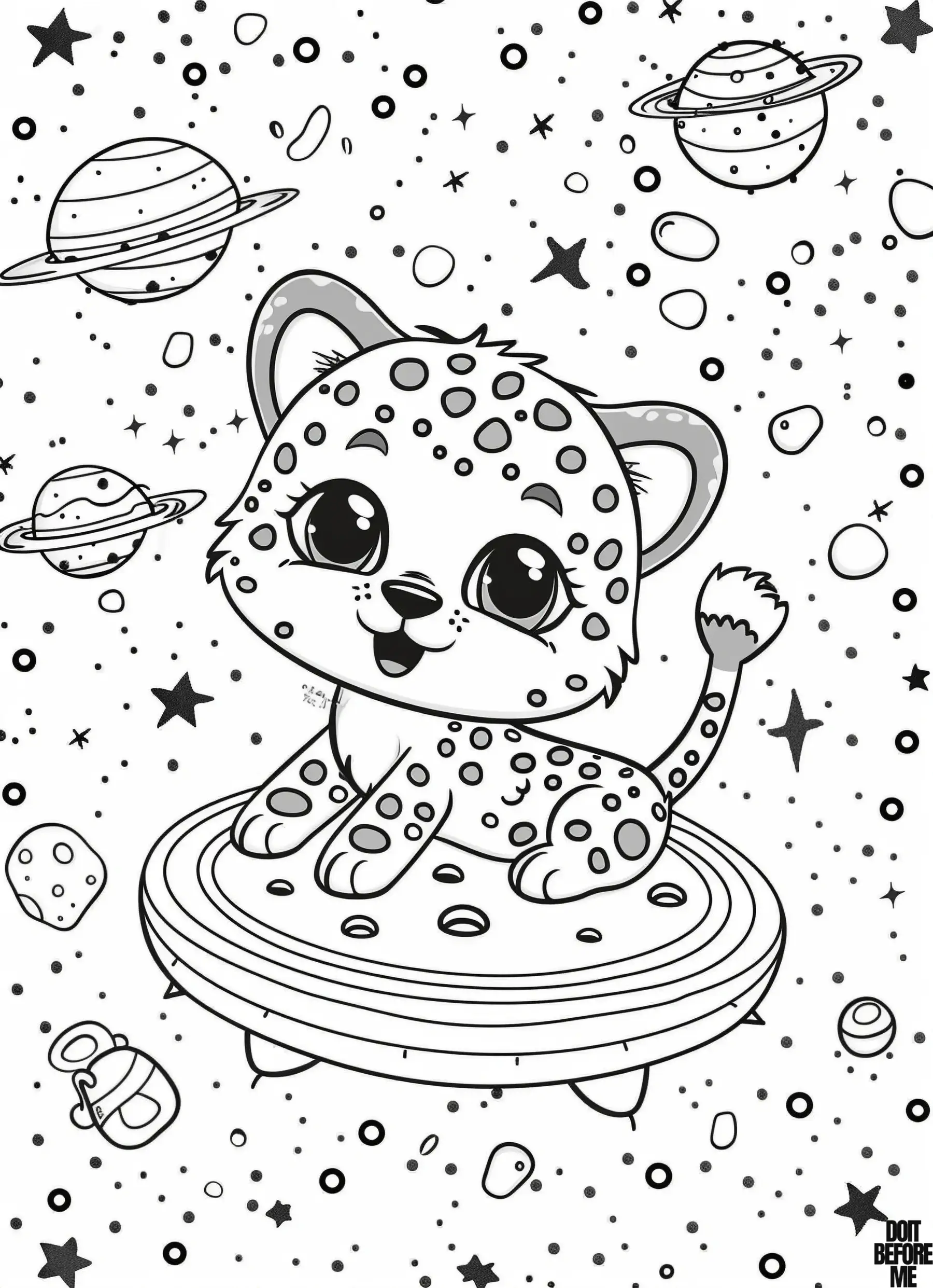 Coloring page of a happy cheetah cub traveling through space on a UFO, with planets, stars and the Milky Way in the background.