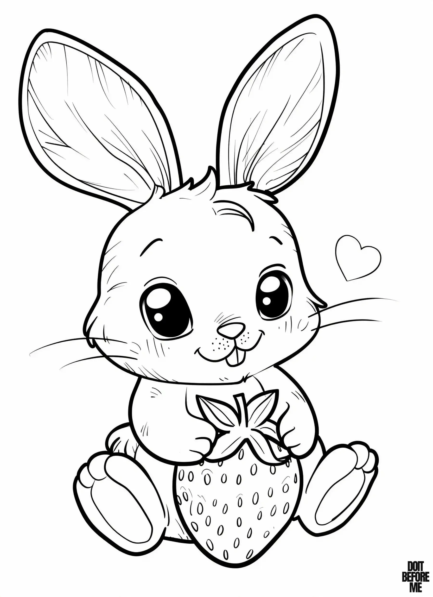 Chibi bunny is holding a huge strawberry in its lap. The bunny is smiling with a happy expression, and its big kawaii eyes are also smiling. There is a heart sign right next to it.