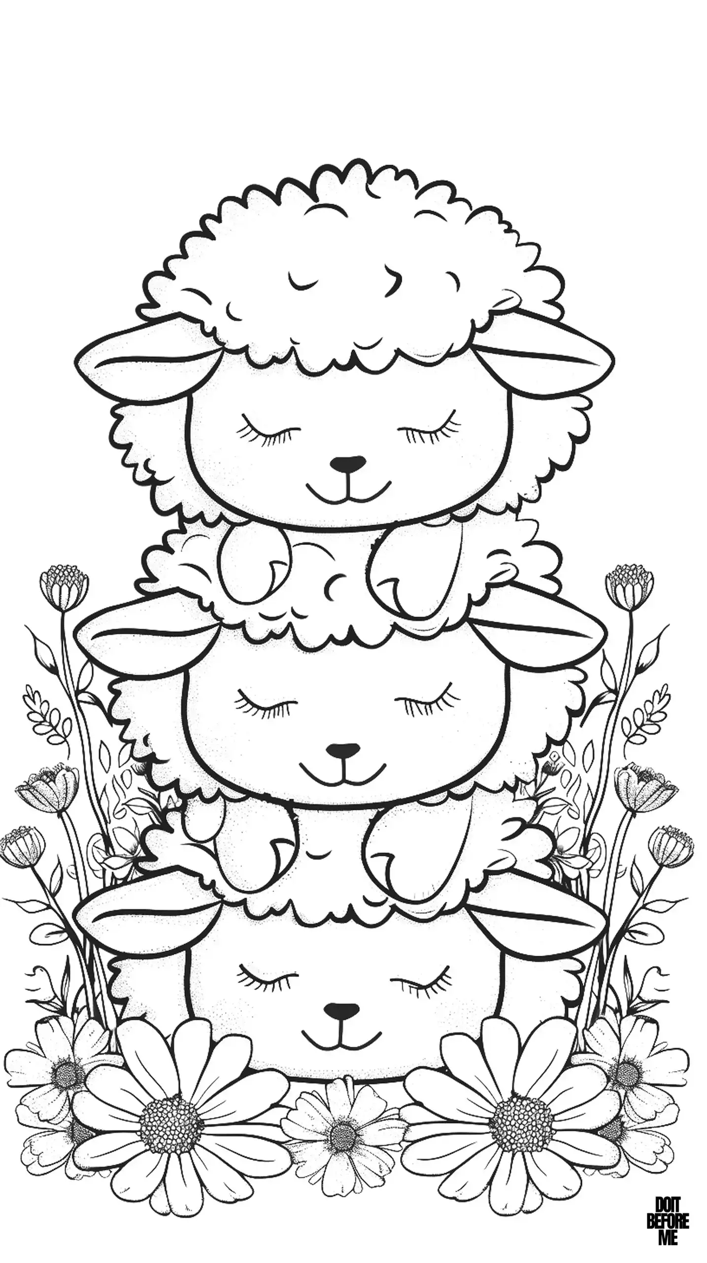 A coloring sheet with sleeping sheep on top of each other and meadow flowers around them.