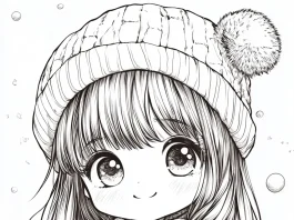 A coloring page featuring a girl sitting on the grass in a W position, who hugs a plush teddy bear. She has long hair and wears a cozy knitted hat with a fluffy pom-pom and a sweater. Her has large expressive eyes and a gentle smile.