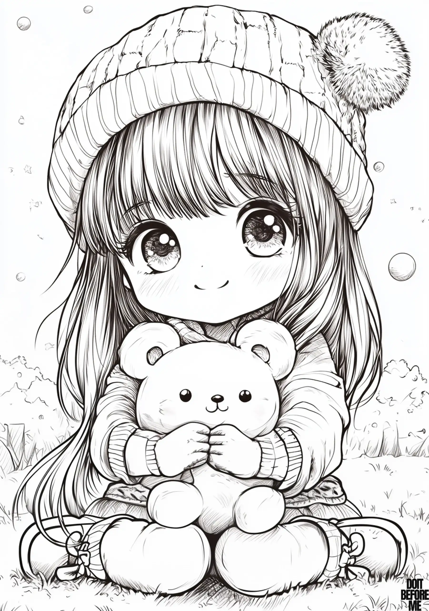 A coloring page featuring a girl sitting on the grass in a W position, who hugs a plush teddy bear. She has long hair and wears a cozy knitted hat with a fluffy pom-pom and a sweater. Her has large expressive eyes and a gentle smile.