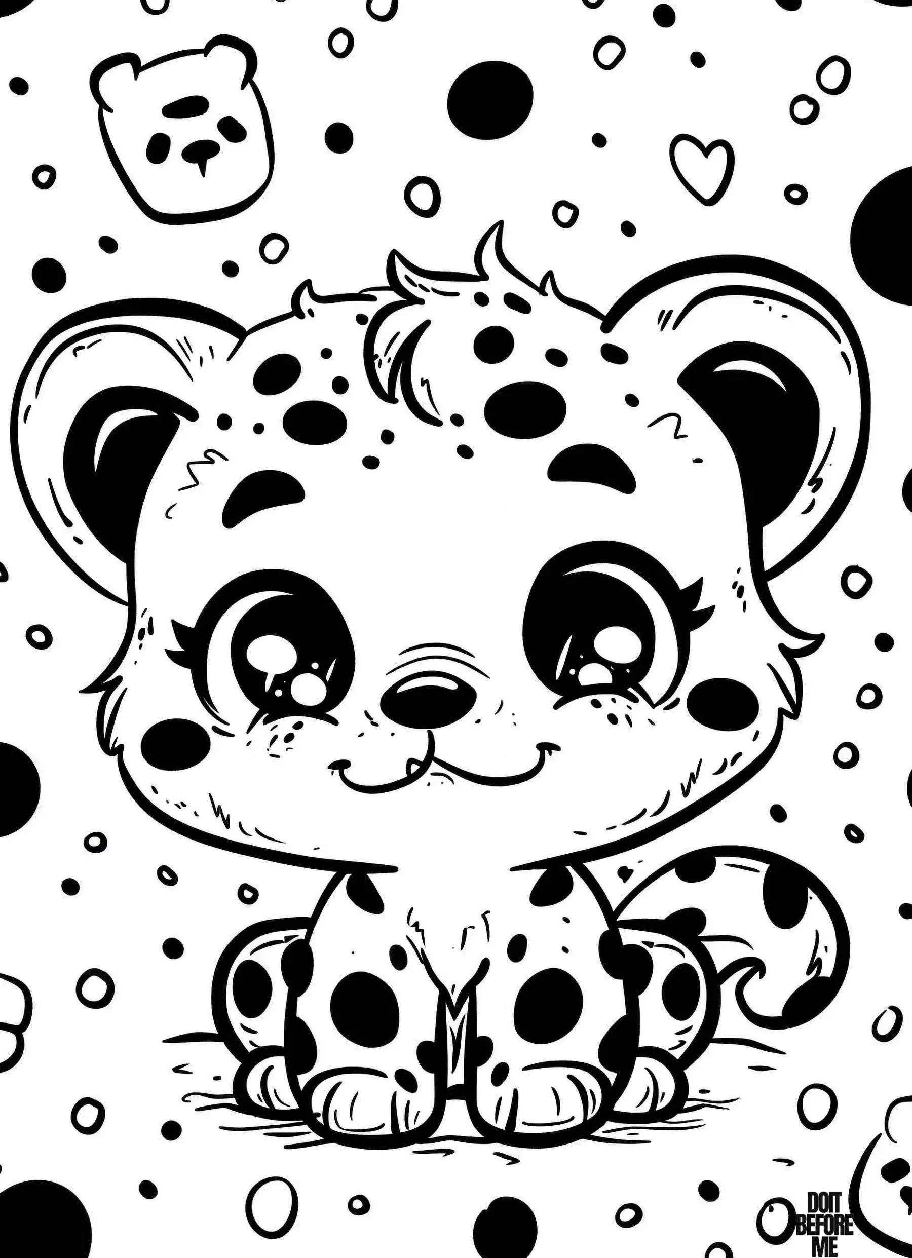 The coloring sheet depicts a baby cheetah with large eyes and ears, albeit a small body, smiling against a vibrant and lively backdrop, intended to facilitate easy coloring for kids.