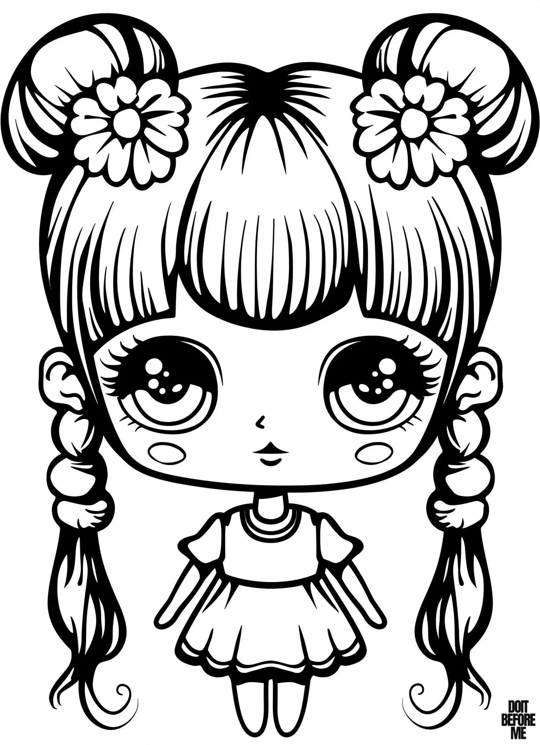 Printable doll coloring page that can be easily and effortlessly colored by girls, thanks to its large head and face.