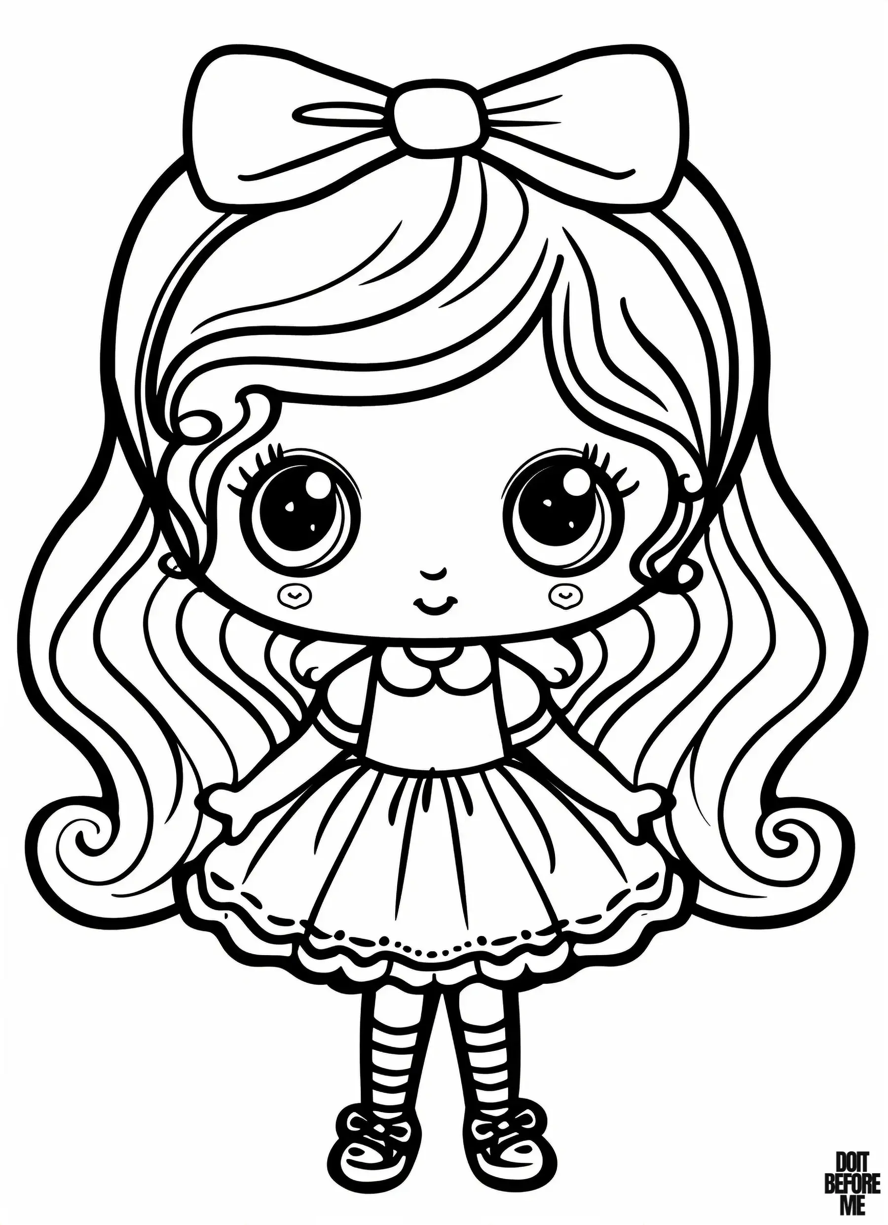 A coloring page for girls featuring a cute doll wearing a simple outfit, with big eyes, long hair, and an innocent expression.