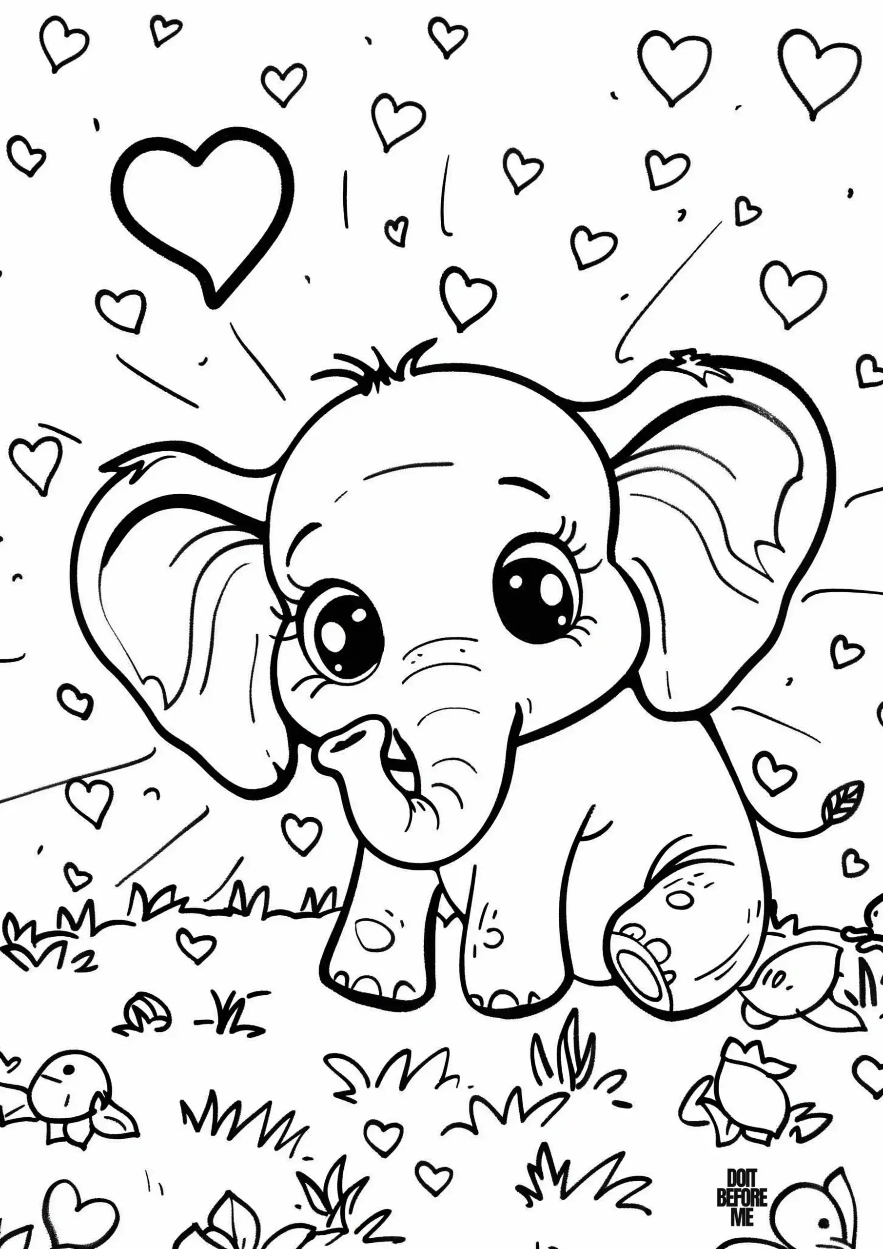 Baby elephant surrounded by hearts and sitting in a flower field.