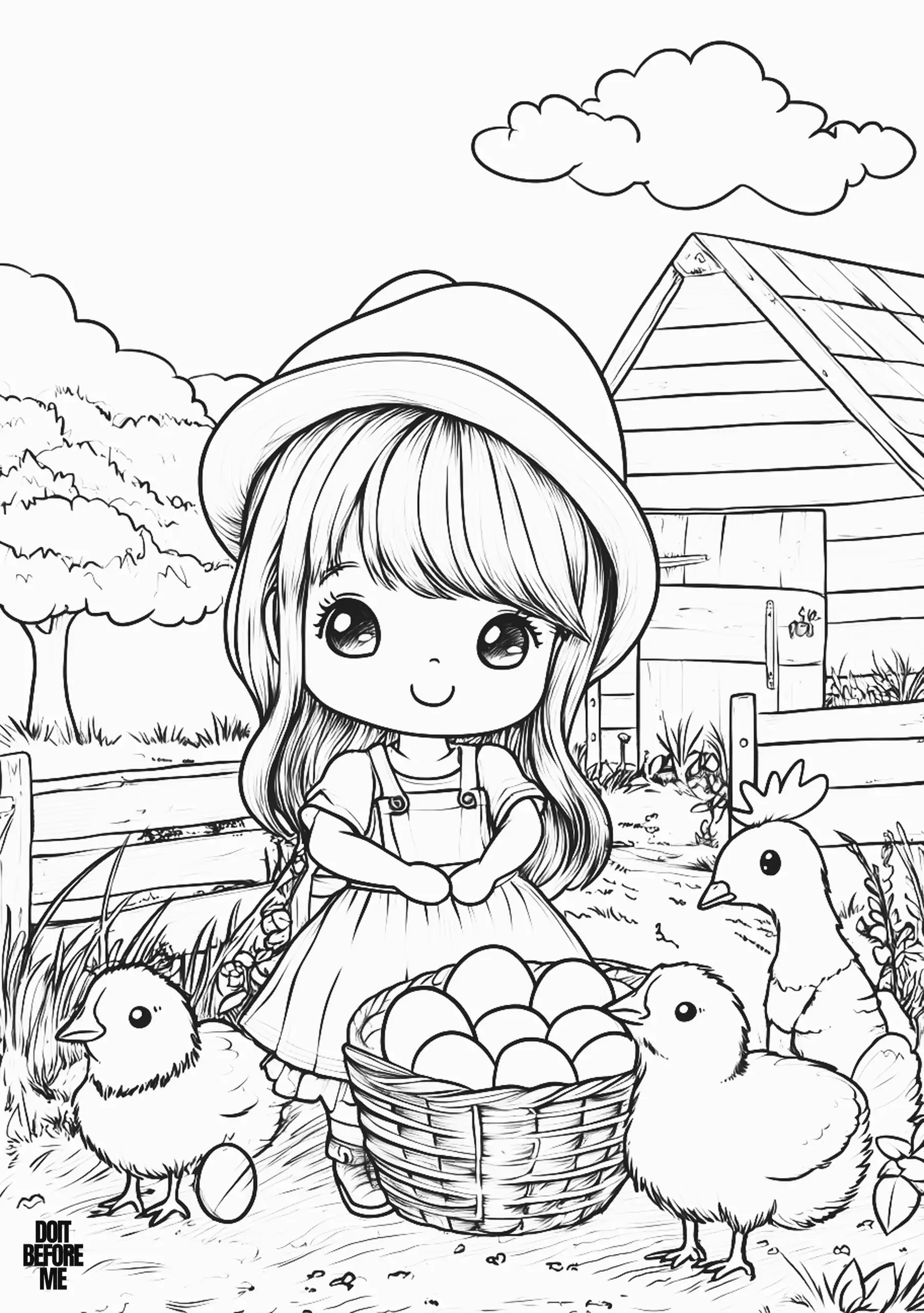 Coloring page of a smiling young girl standing in a farmyard, wearing a sun hat and overalls. She clasps her hands gently in front of her. A basket filled with freshly gathered eggs rests at her feet, surrounded by fluffy chicks. Nearby, a mother hen watches over them. In the background, there is a wooden chicken coop framed by trees and a simple wooden fence.