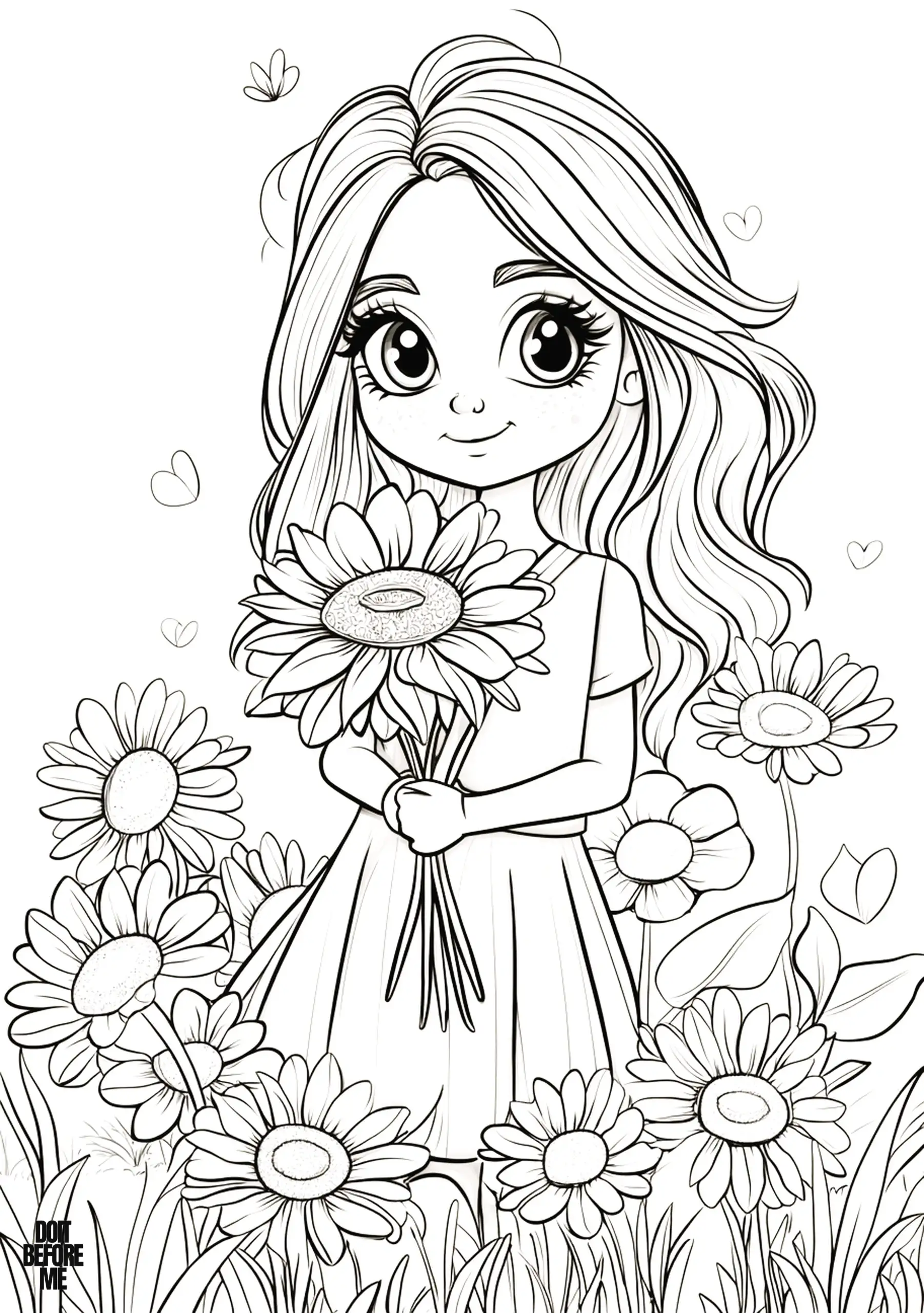 Sweet girl in a dress holding a bouquet of daisies in a flower patch, easy floral coloring page for kids.