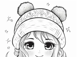 Cute Girl Coloring Pages for Kids - Easy coloring page of an adorably kawaii charming girl with sparkles around her, dressed in winter attire including a beanie and scarf. She gazes directly with her large eyes as her hair gently falls to the side.