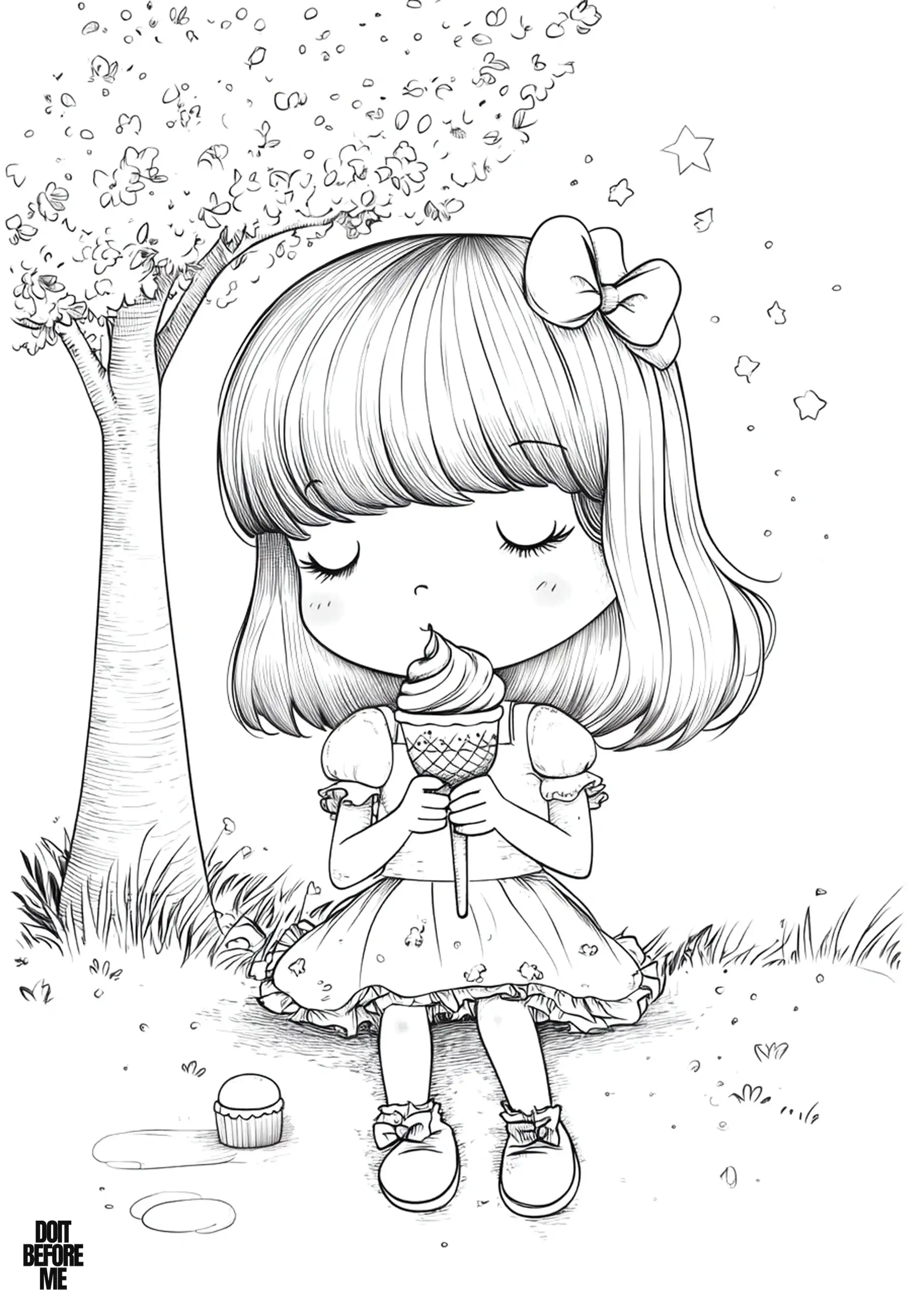 Little girl on a wooden swing holding an ice cream under a tree, simple background with stars and grass.