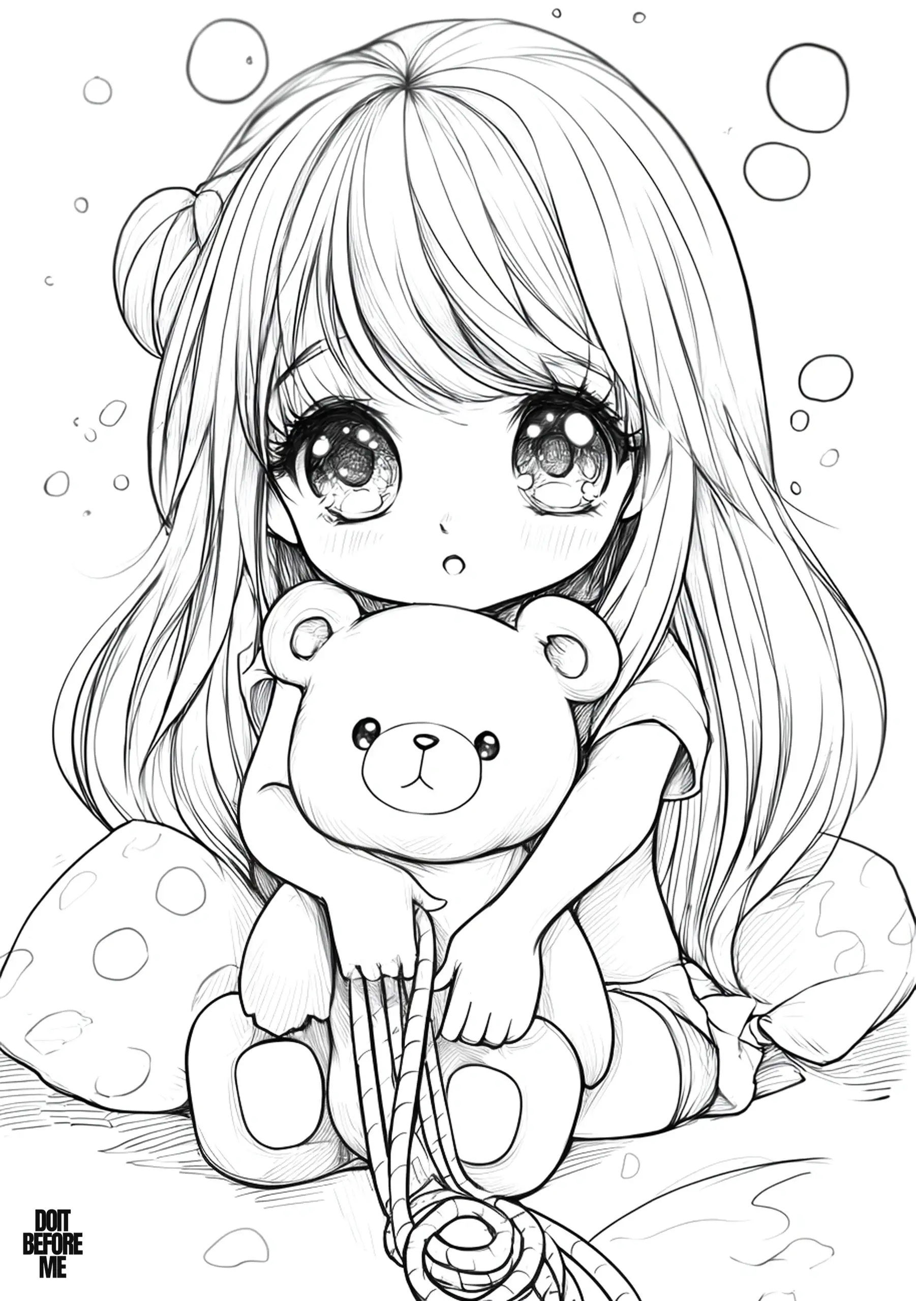 Printable coloring page of a small girl sitting with a teddy bear in her arms. She has a round, gentle face and very large eyes. The teddy bear rests on her lap and there is a thin rope wrapped around its midsection. In the background there are bubbles.