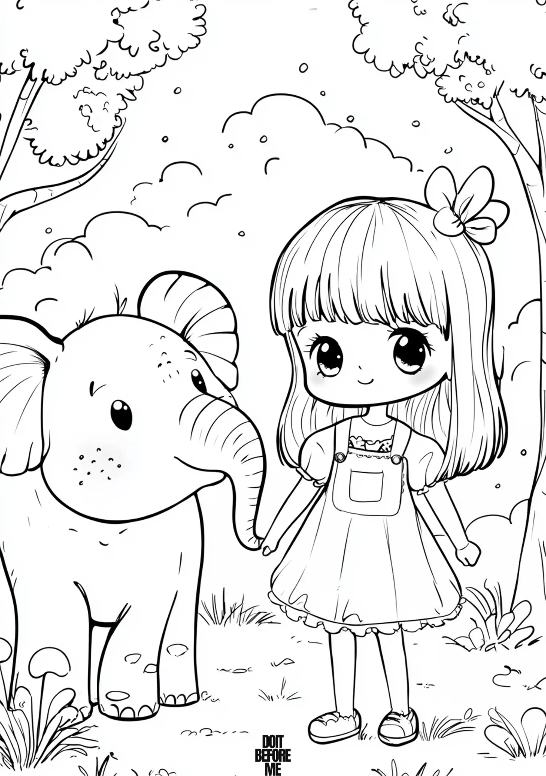 Coloring page of a girl with a bob style haircut and a big bow resting on the side of her head. She’s wearing a cute little dress with a front pocket and is holding the trunk of an elephant standing beside her. The small elephant looks friendly, with a short trunk, rounded ears, and a few speckles on its face. They are outdoors, surrounded by tall trees in a forest and a few fluffy clouds overhead.