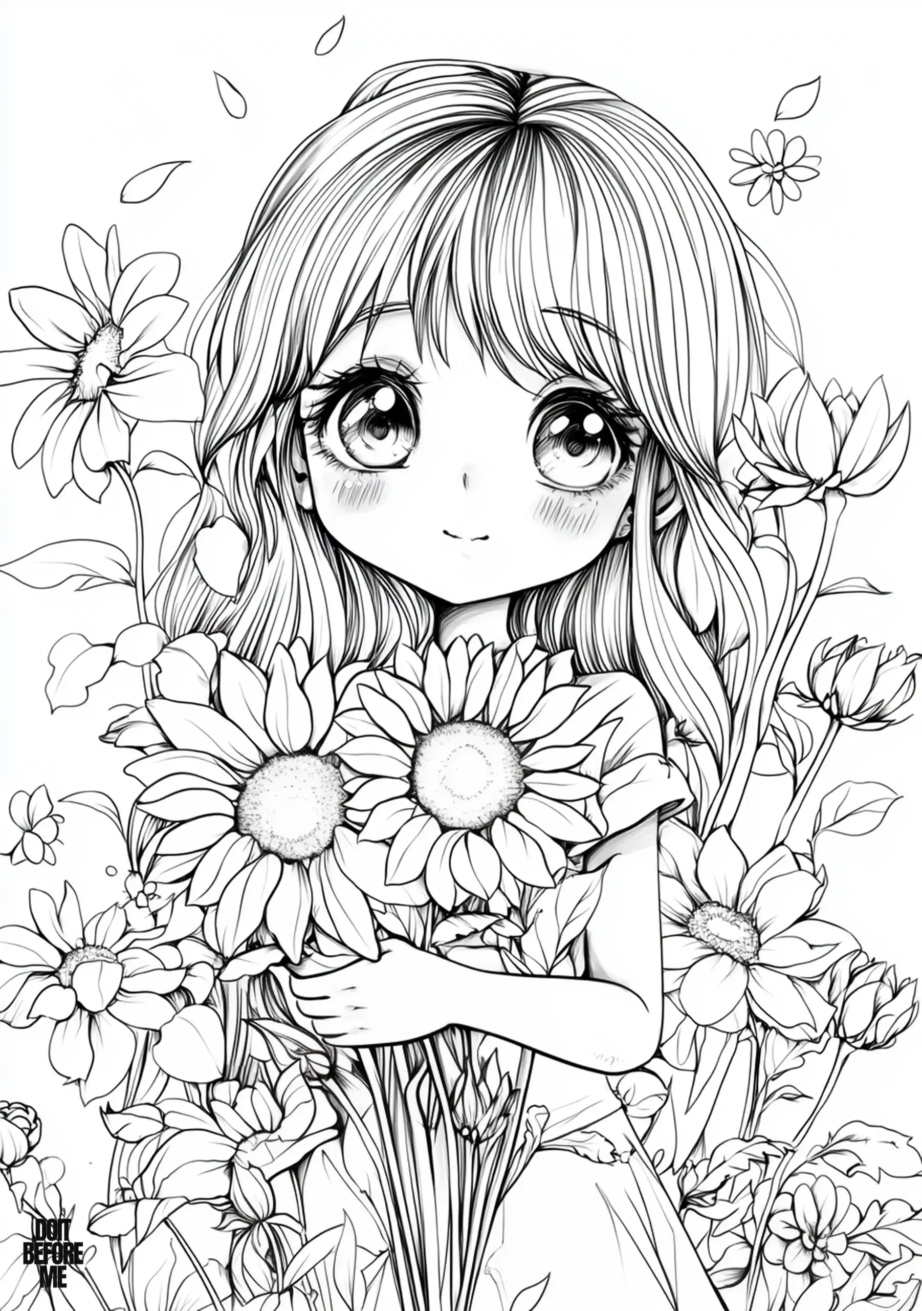 Anime girl coloring page featuring a girl holding a bouquet of flowers. Although depicted in black and white, her cheeks appear rosy, which symbolize innocence and shyness of her. She is surrounded by a detailed floral garden.