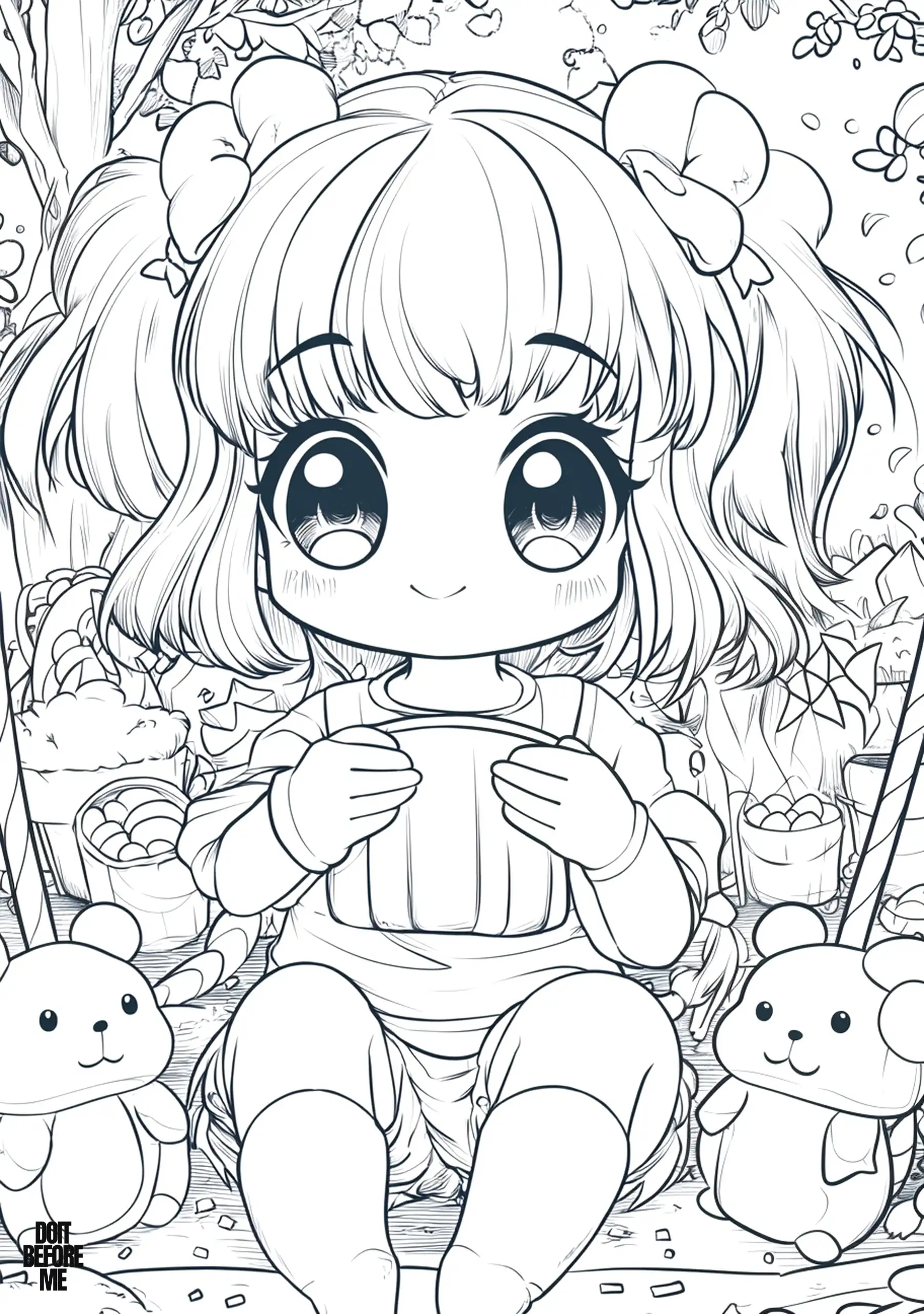 Smiling chibi girl at a picnic surrounded by snacks and two plush animal friends.