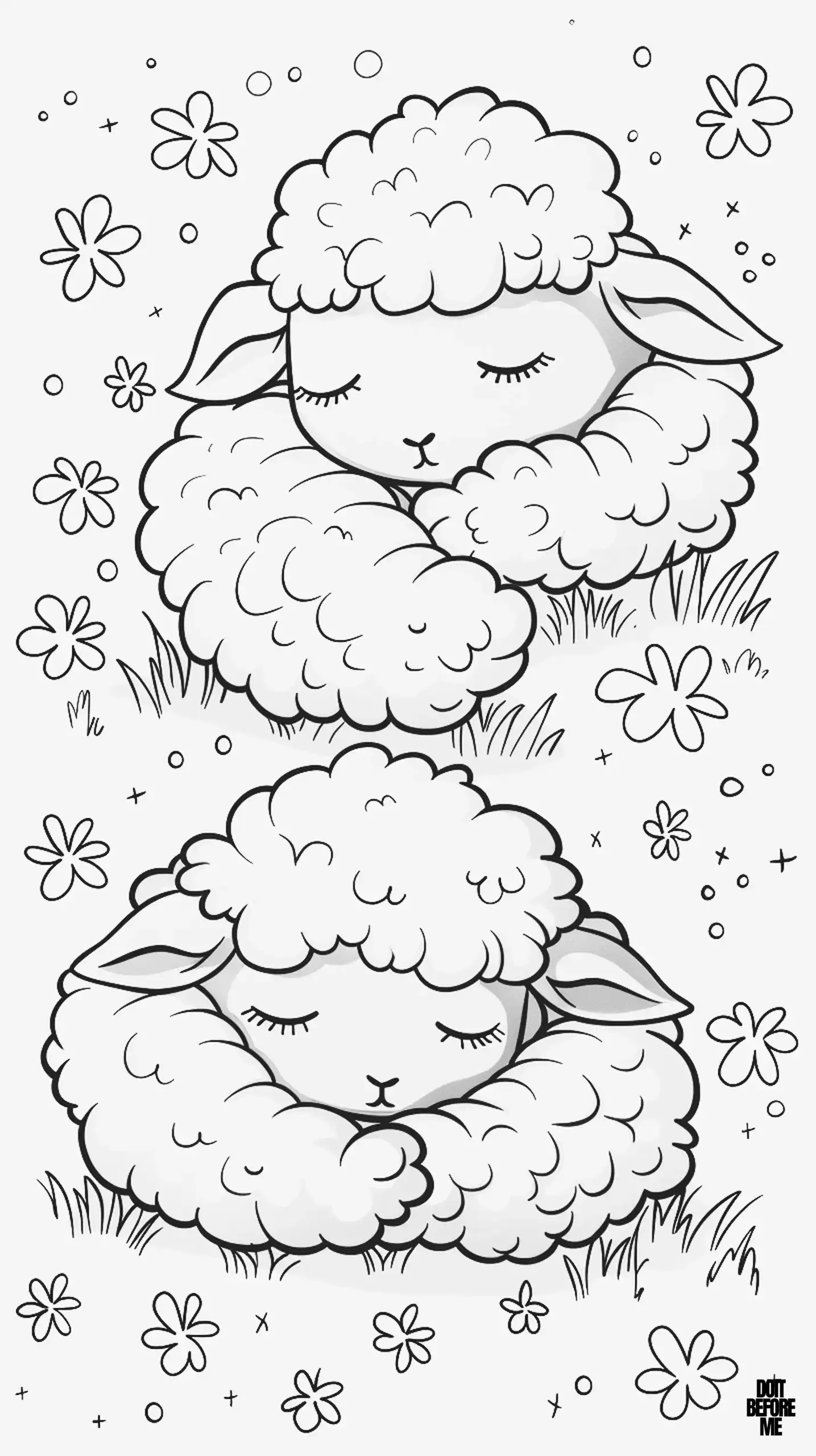 There is a sleeping sheep curled up in the meadows at the top of the page, and another at the bottom.