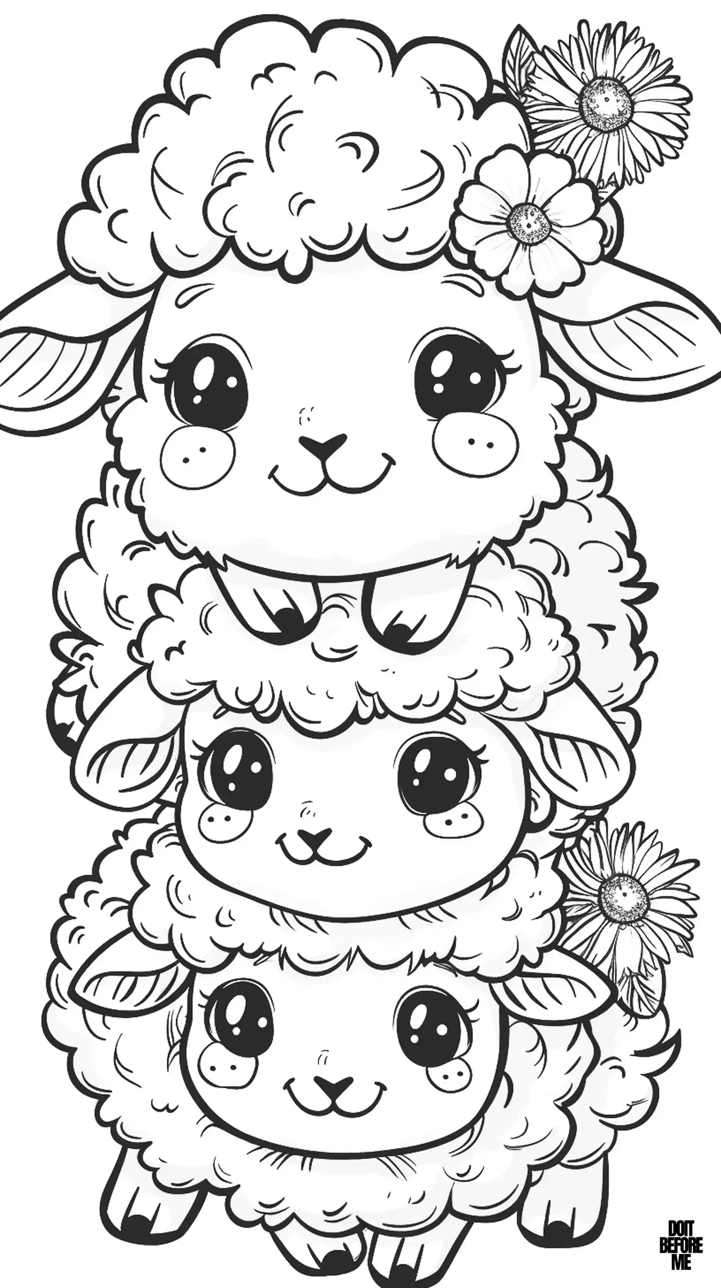 Cute baby sheep coloring pages with flowers on the lambs' heads, with a fun look of overlapping each other.