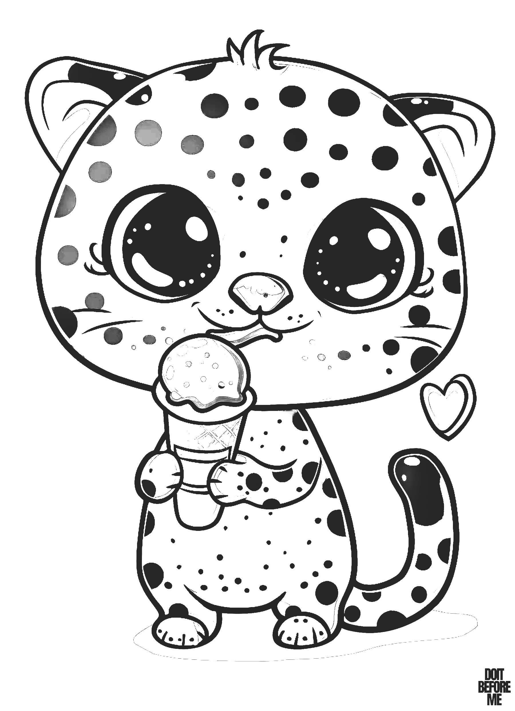 Cute baby cheetah coloring page, depicting the cheetah holding an ice cream cone with both hands while standing on two legs and licking the ice cream, is appropriate for coloring by both children and adults.