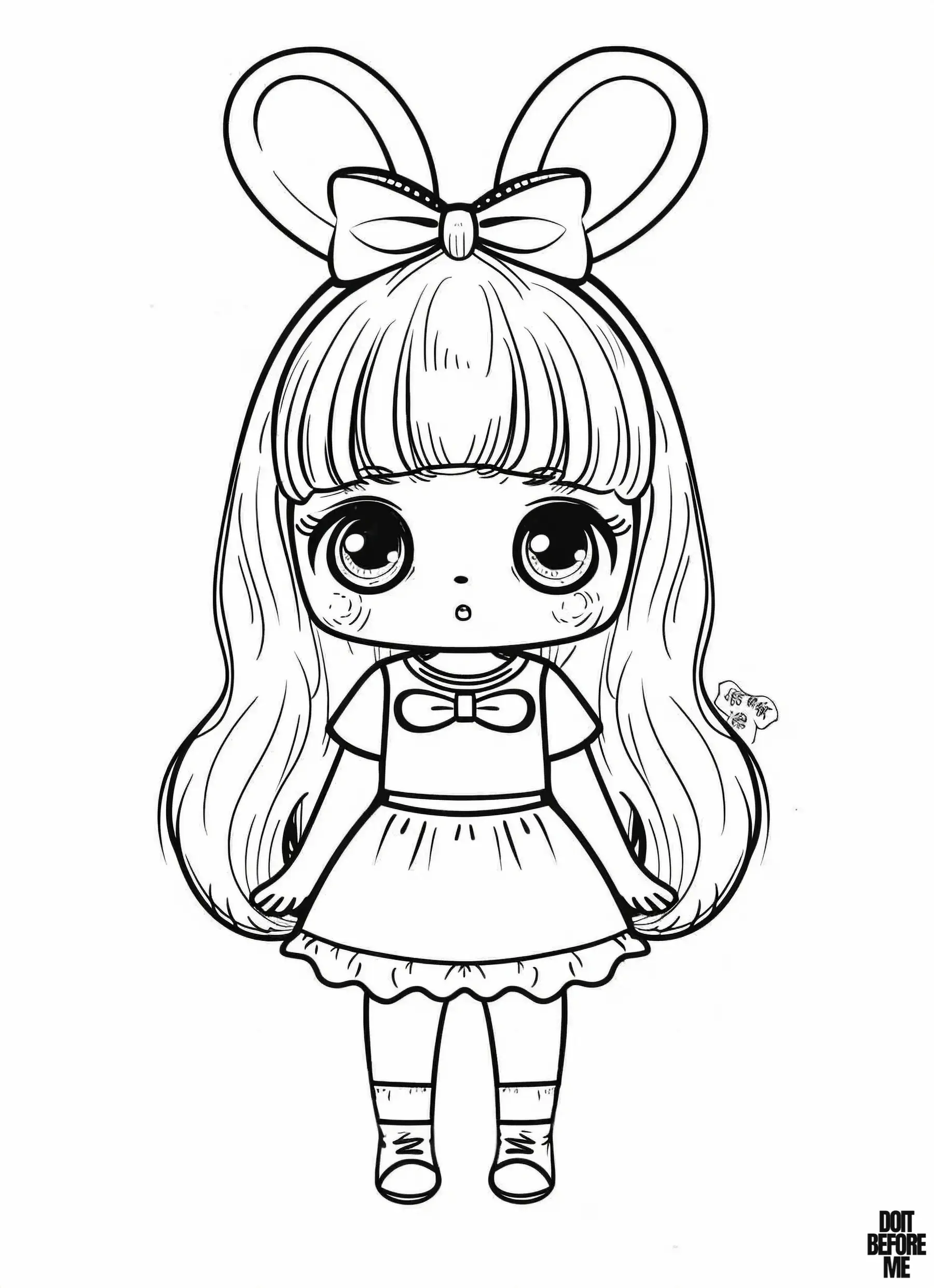 She is an intriguing doll because she has a surprised expression with bunny ears, big kawaii eyes, and a cute dress. Therefore, she makes for an enjoyable printable coloring page, especially for girls.