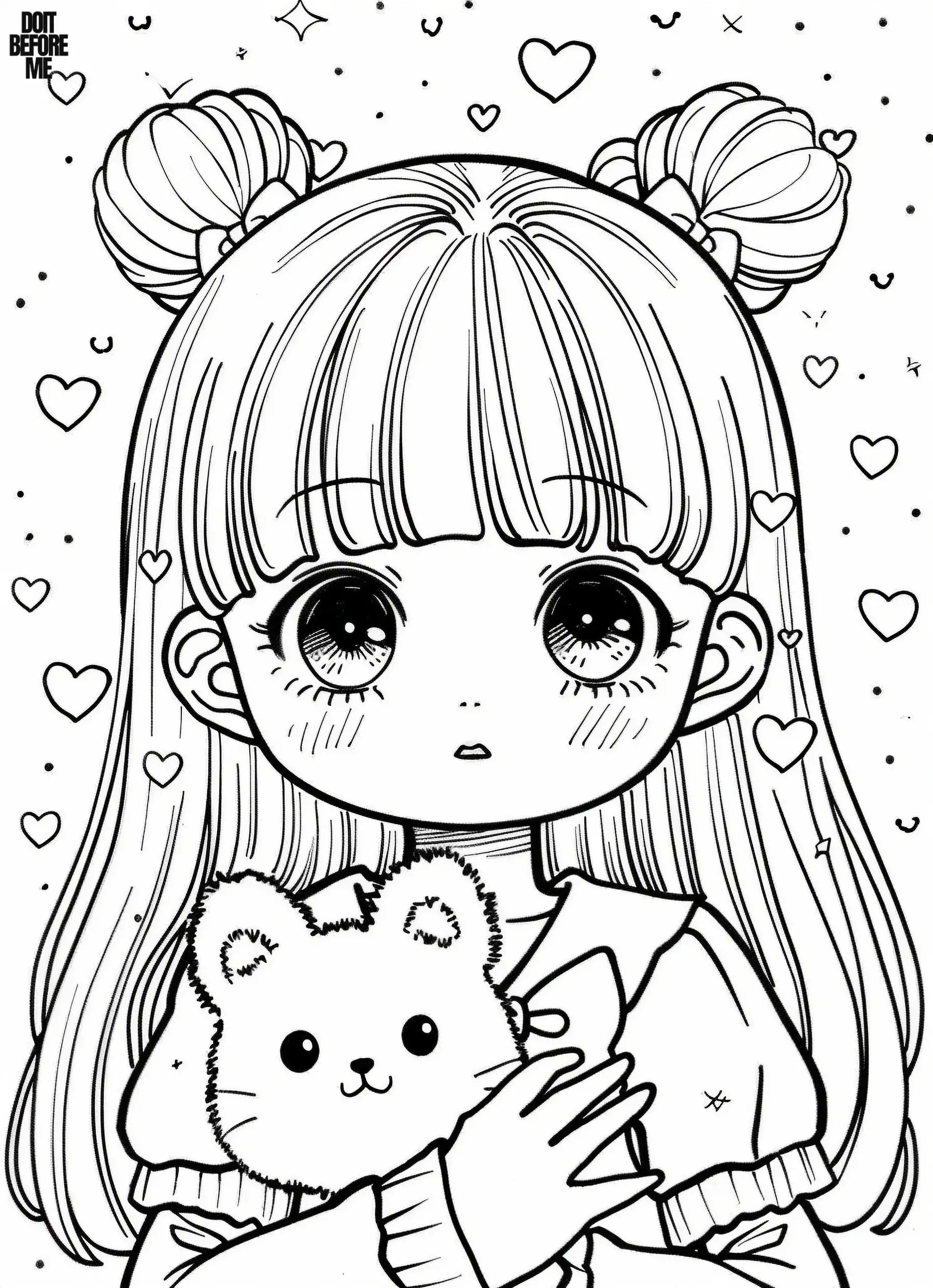 A doll with big anime-like eyes and a pet on her lap, with hearts in the background.