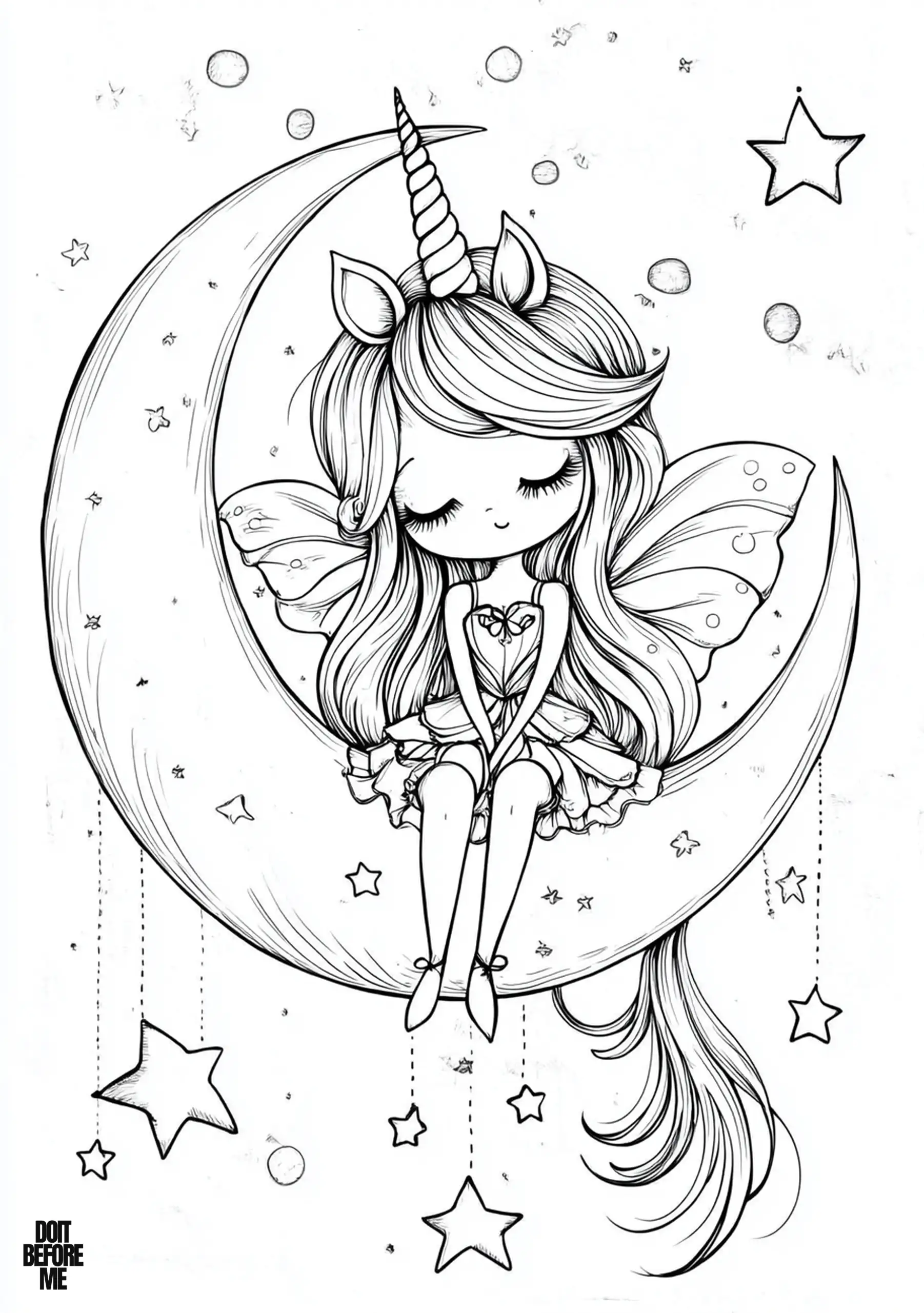 Cute girl with unicorn horn and fairy wings sitting on a crescent moon with tiny stars, easy kids coloring page.