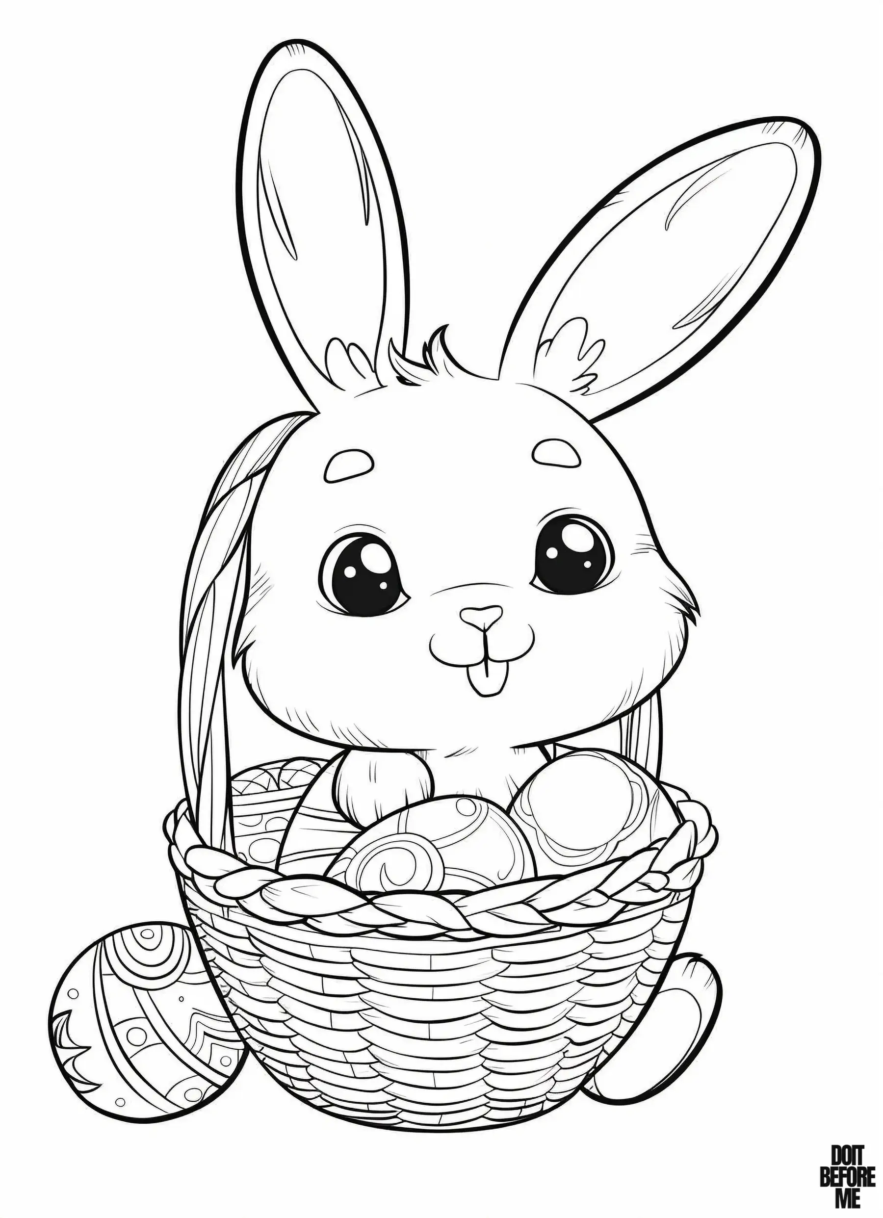 Cute rabbit bunny, inside a basket full of easter eggs and smiling with his teeth showing.