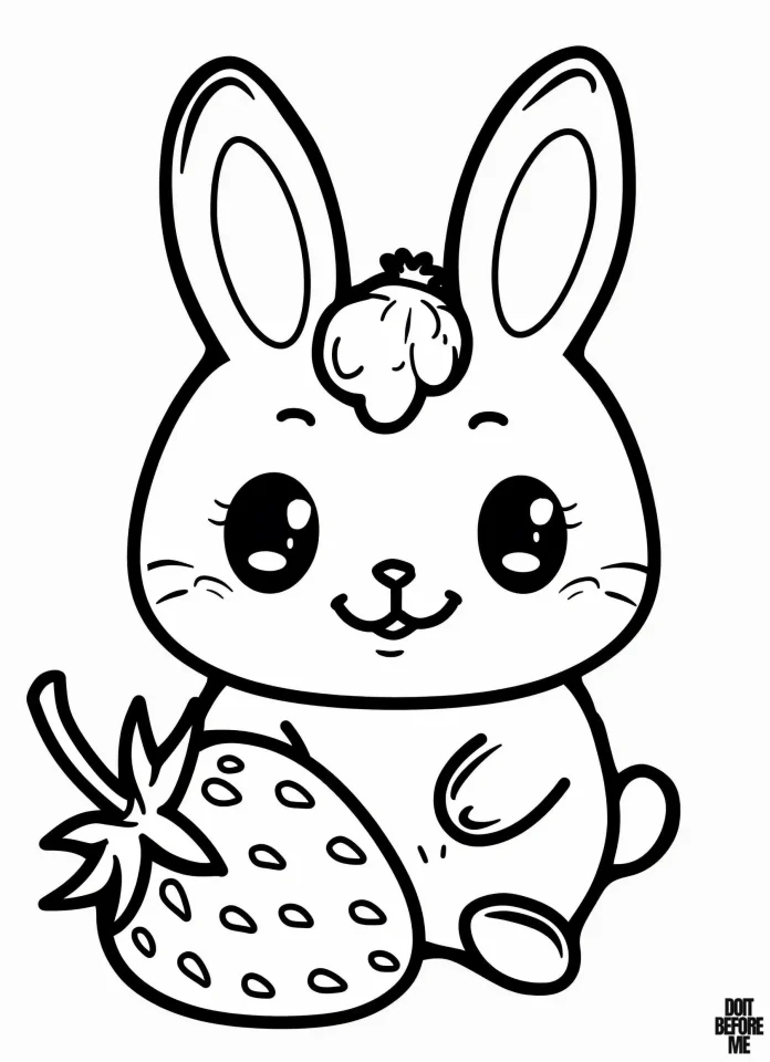 A bunny rabbit with big, cute eyes that is easy to color is holding a huge strawberry next to it and looking to eat it.