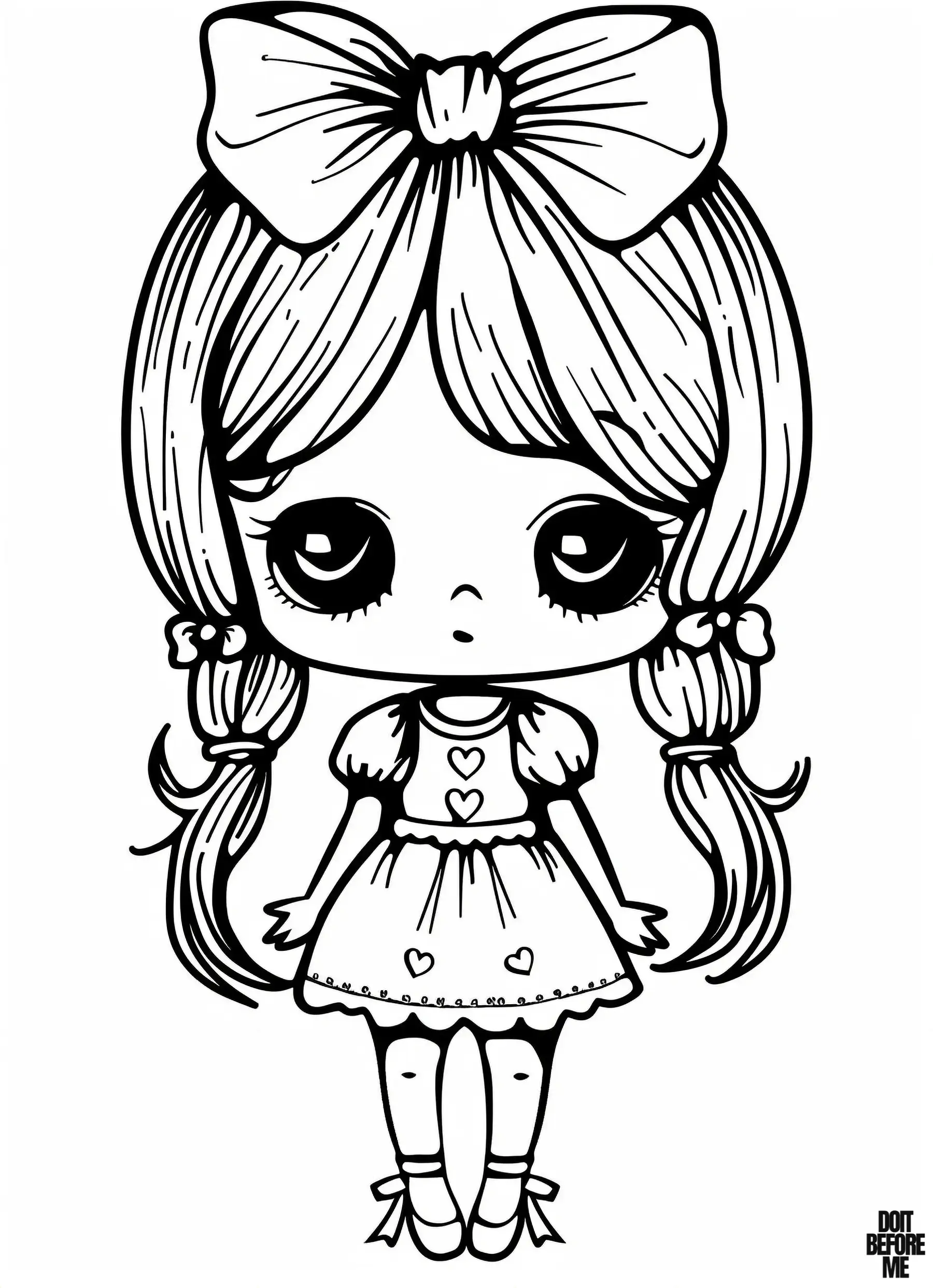 A doll designed in a slightly gothic and eerily creepy way, she looks scary even though she has her hair parted to the side and wears a big cute barrette and a tiny dress with hearts on it.