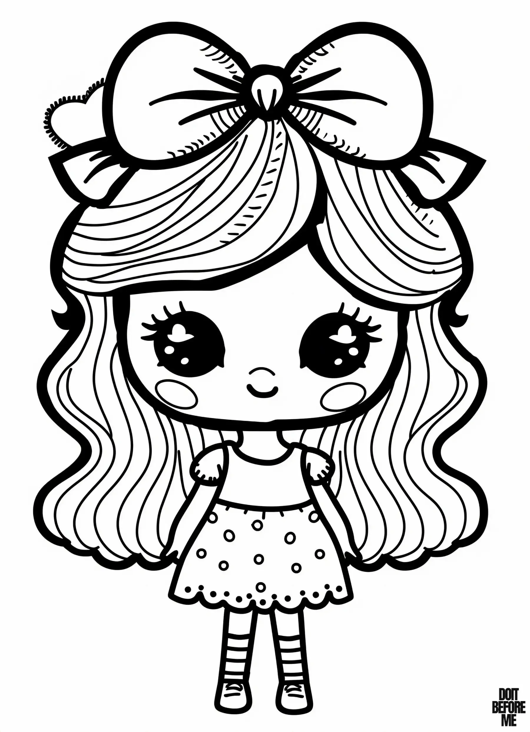 A cute doll coloring page with a big buckle, a smiling expression, cute cheeks, and big shining eyes.