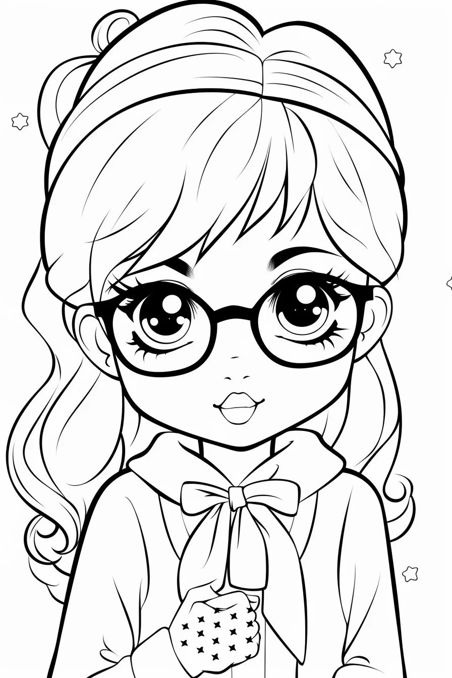 Easy Cute Girl with glasses Coloring Pages for Kids Free Printable