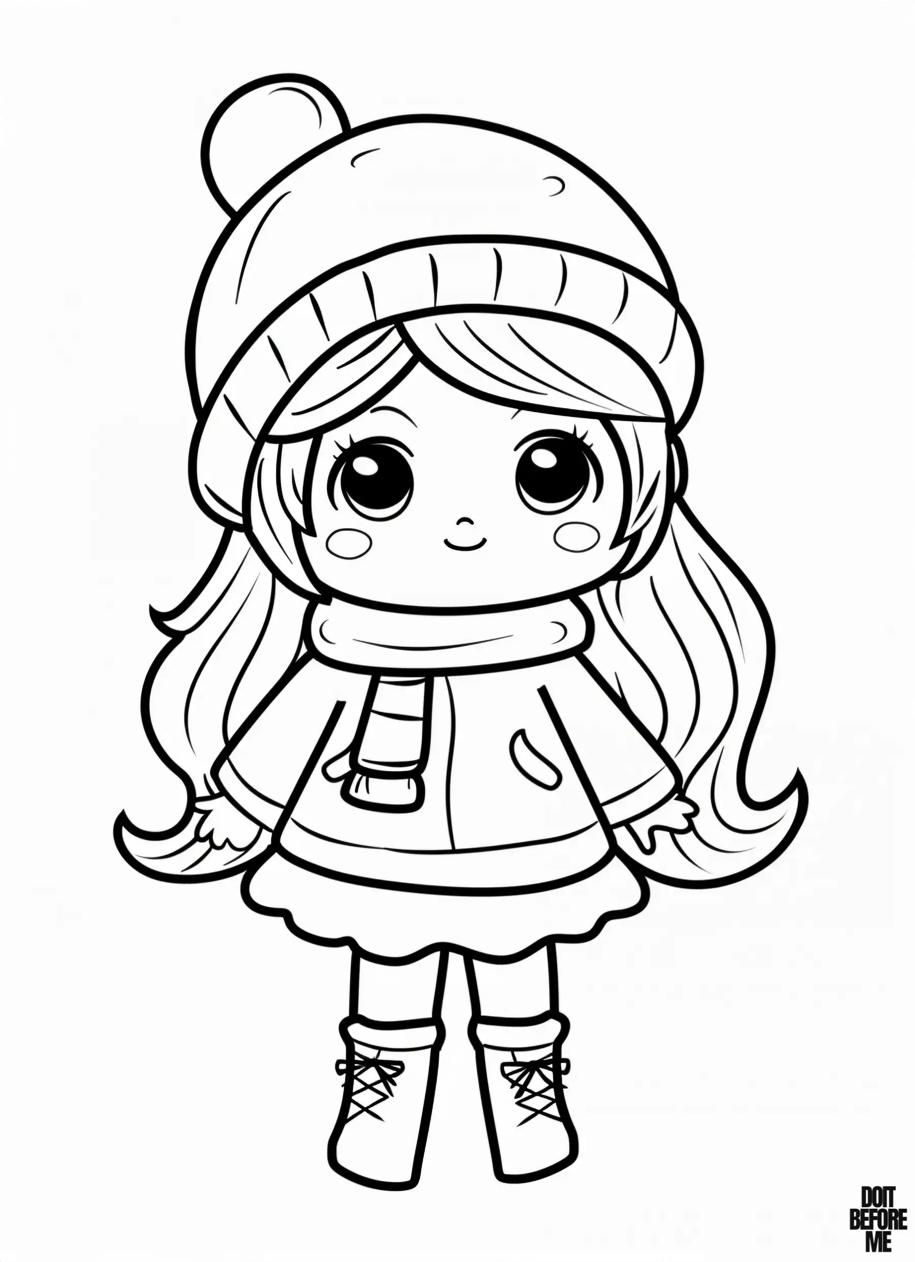 A doll dressed for winter with a beanie, scarf, and boots, easy to color.