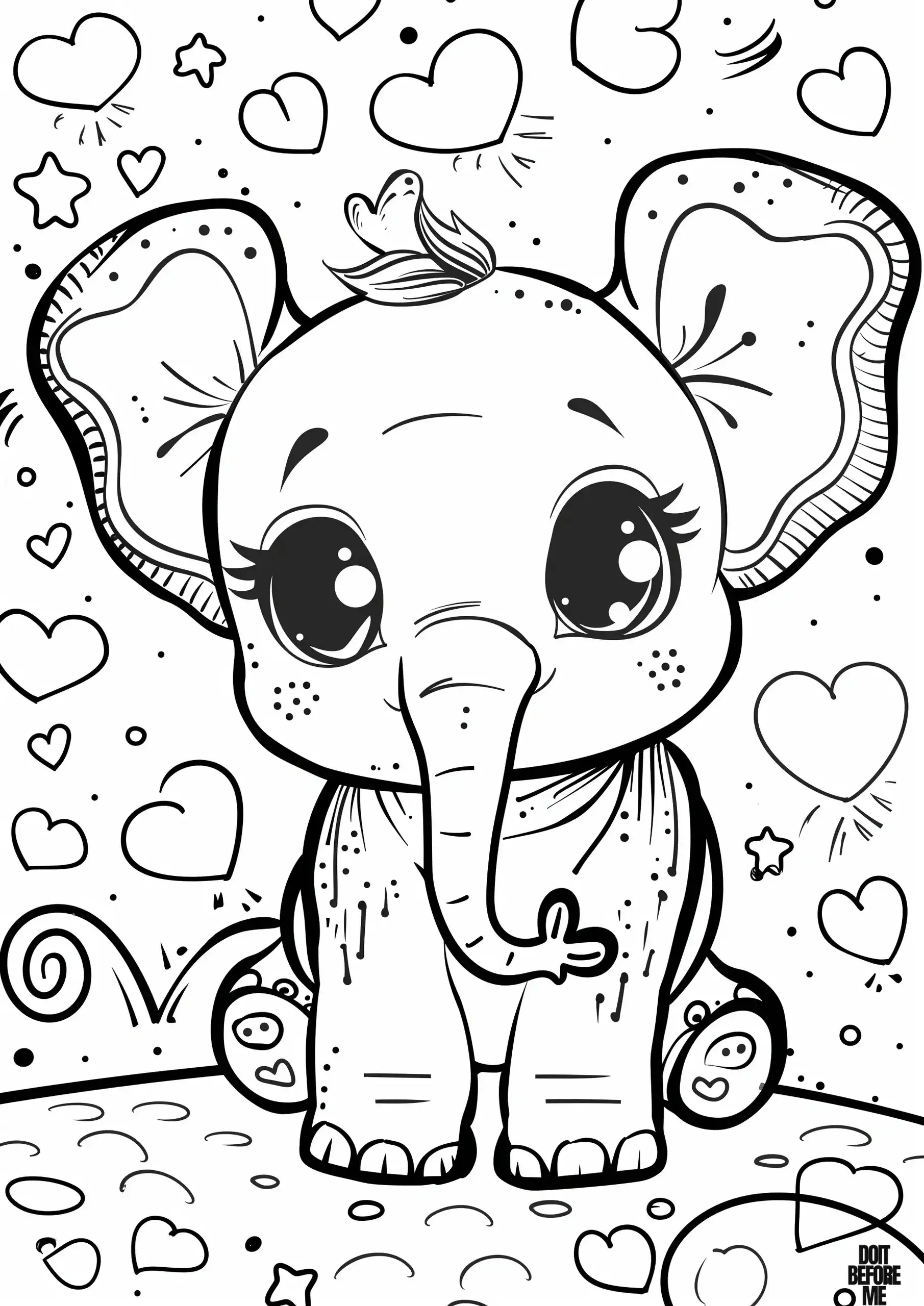 Baby elephant surrounded by hearts and stars.