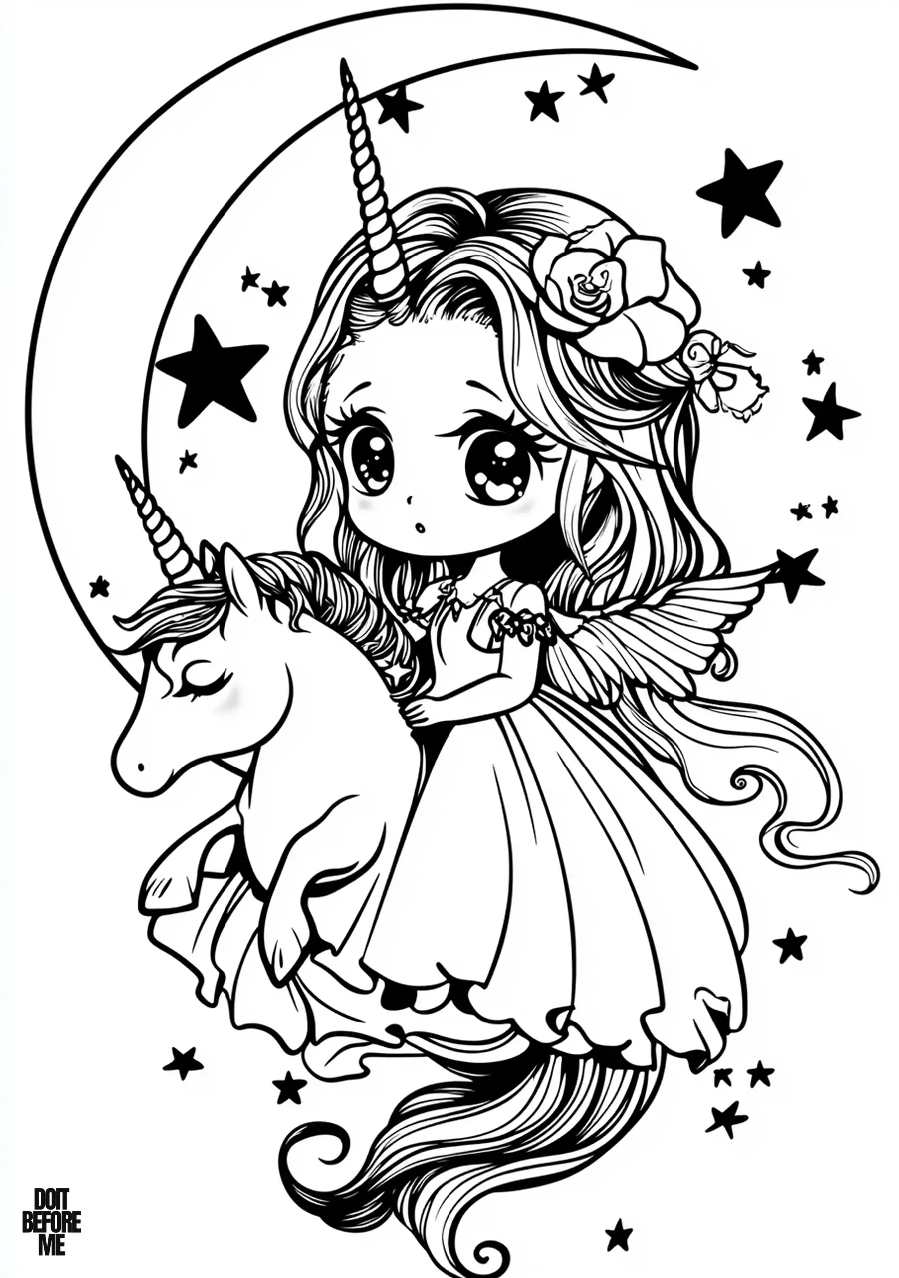 Printable coloring page of a magical unicorn girl with large eyes floating in the night sky while riding a small unicorn. She wears a flowing gown, has delicate wings on her back, and a spiraled horn on her forehead.