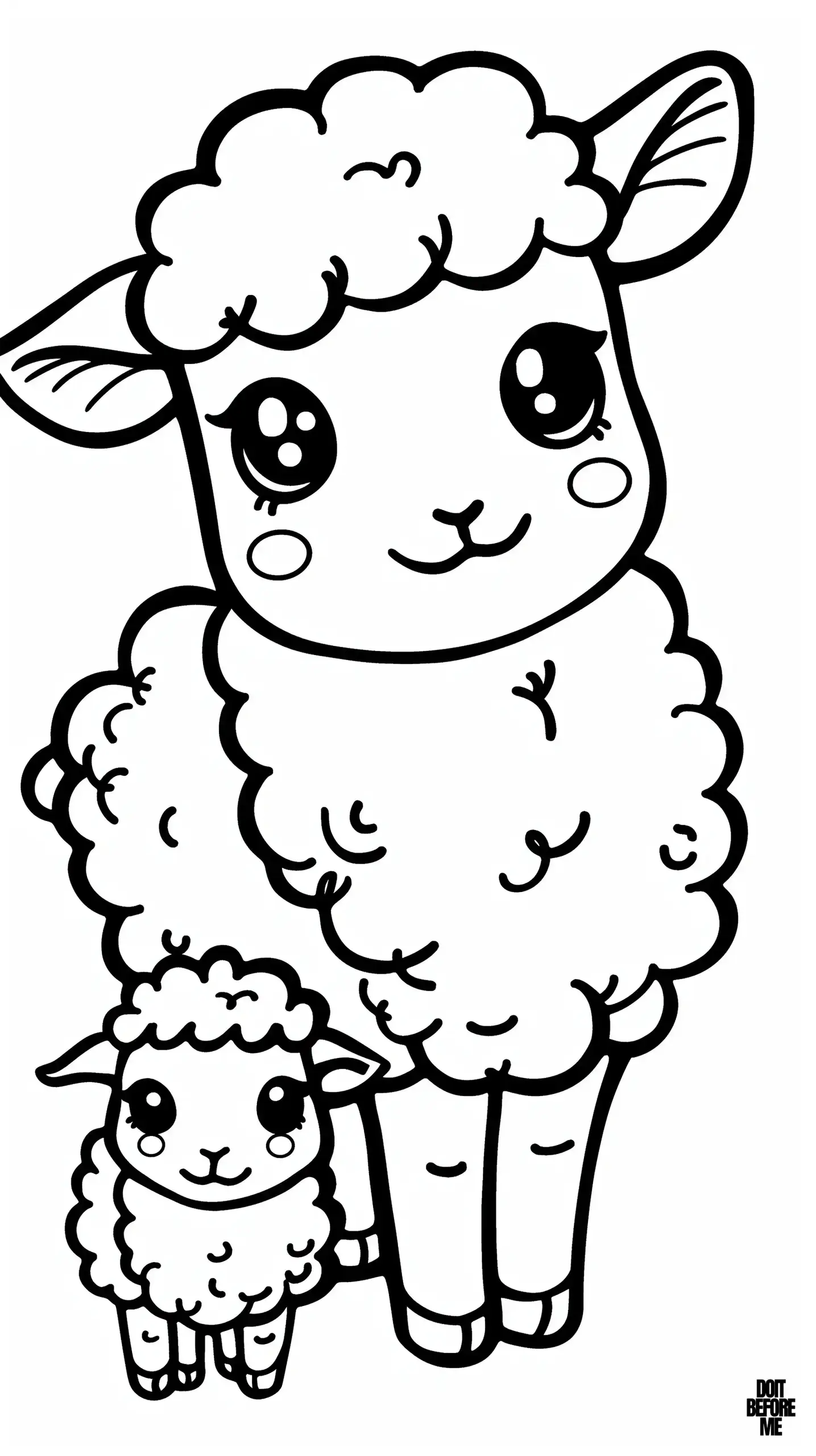 Cute kawaii mother sheep with her little baby coloring page.