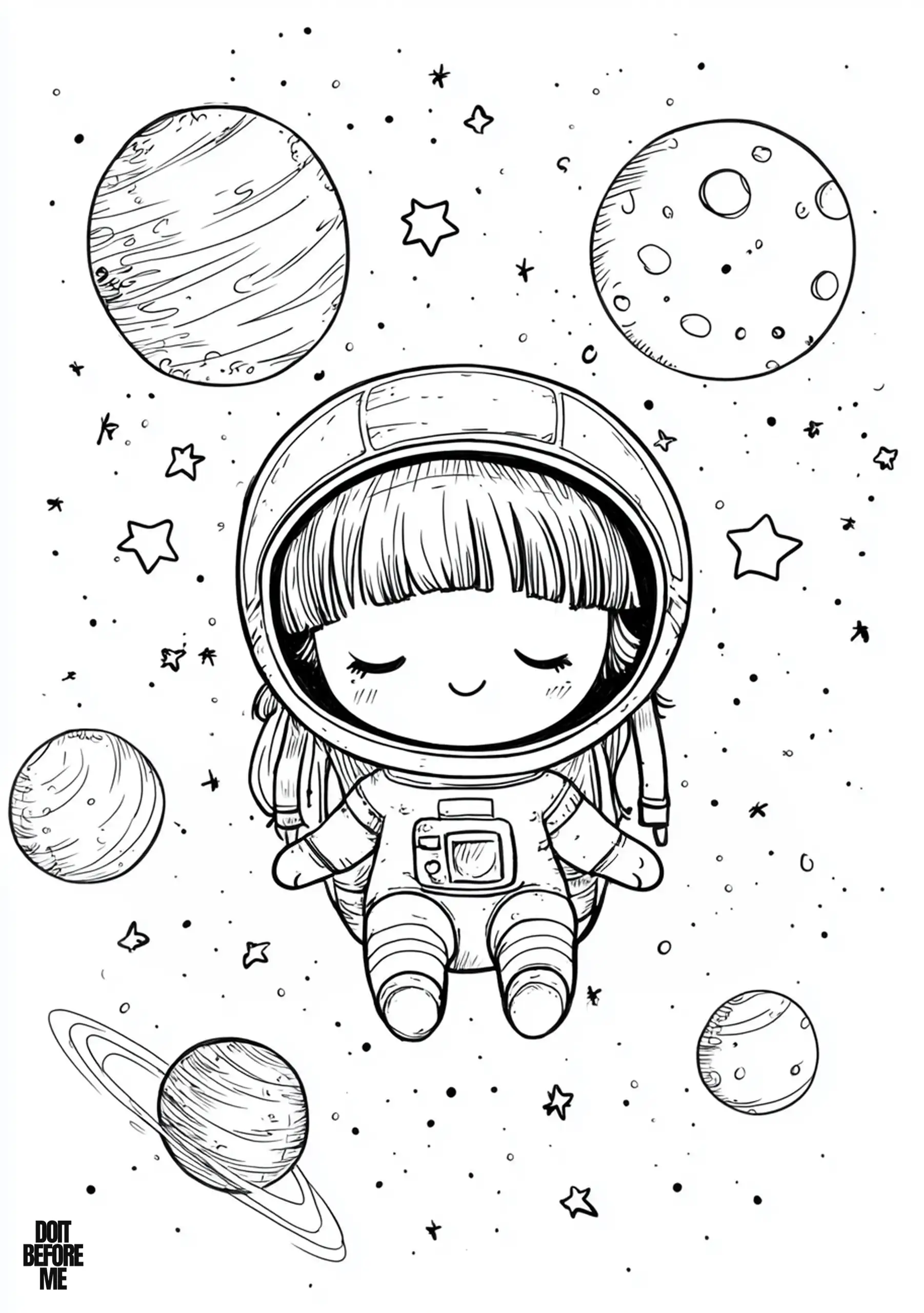 Chibi astronaut girl with closed eyes drifting through stars and round planets.
