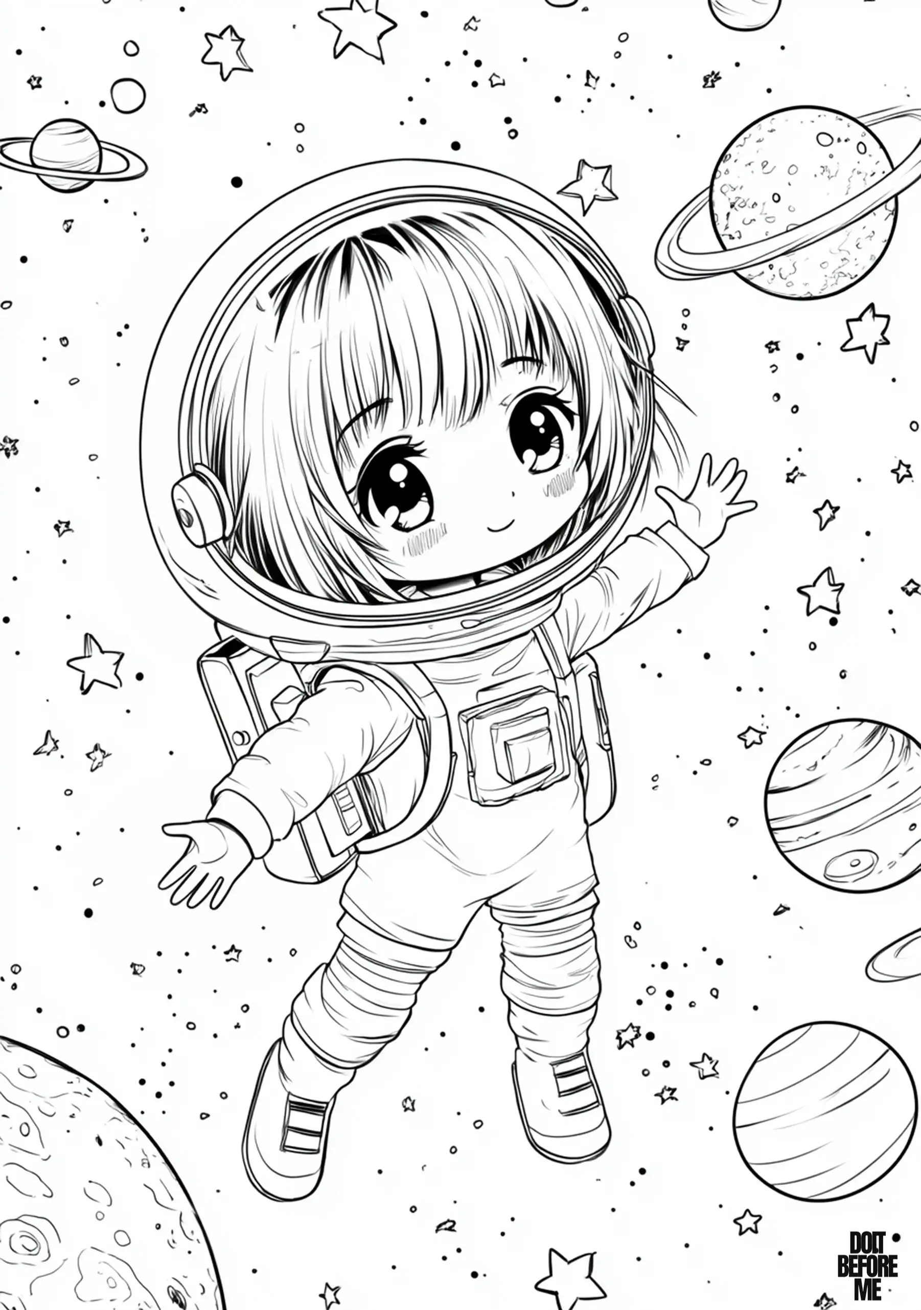 Coloring page of a young girl child who is dressed as an astronaut and who floats in space with her arms outstretched. She is wearing a detailed spacesuit with a large, round helmet and a backpack. The background is filled with stars, planets, and cosmic details.