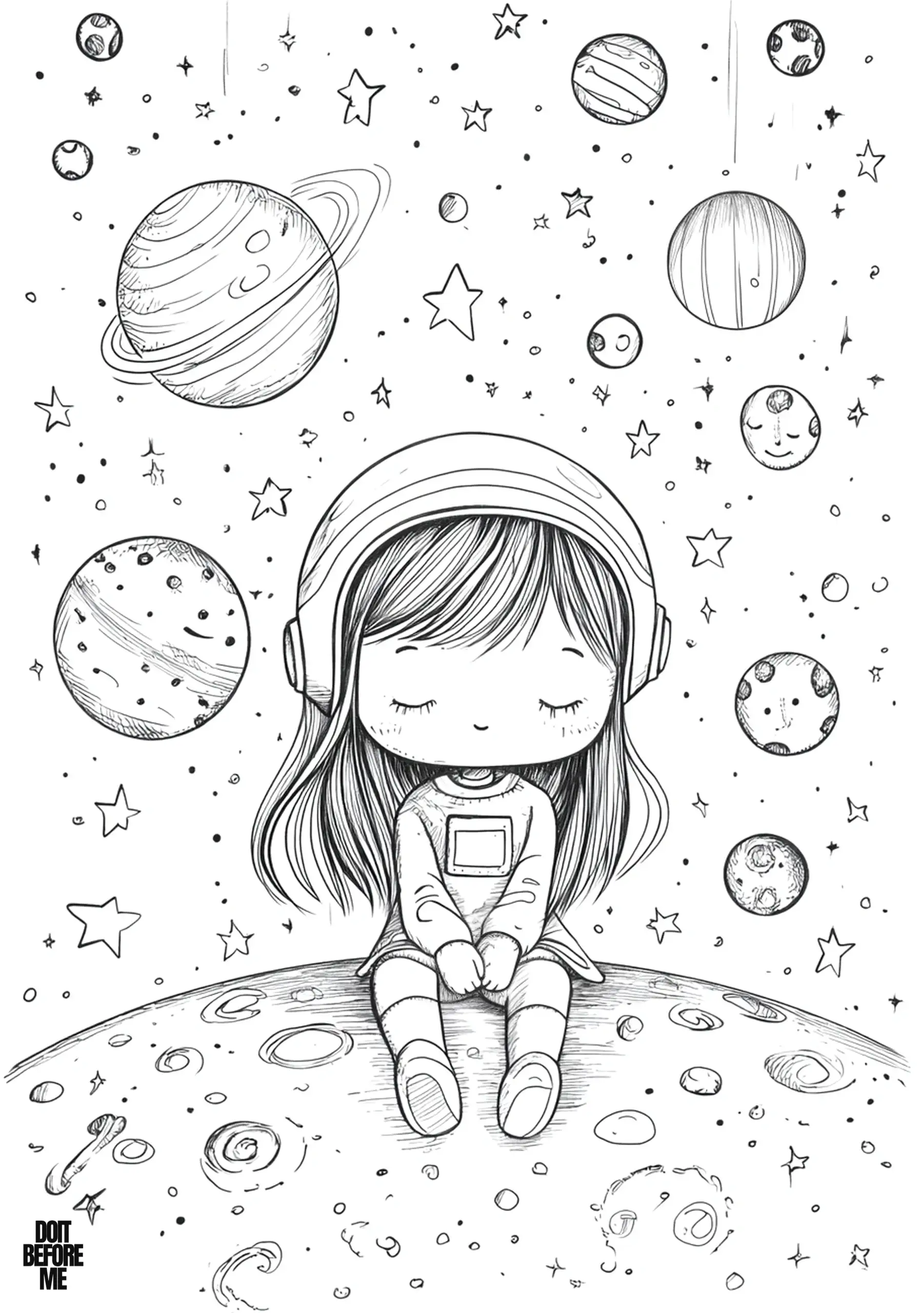 Cute astronaut girl coloring page in a chibi style, who peacefully sits on a small planet with her eyes closed, surrounded by stars and planets in space.