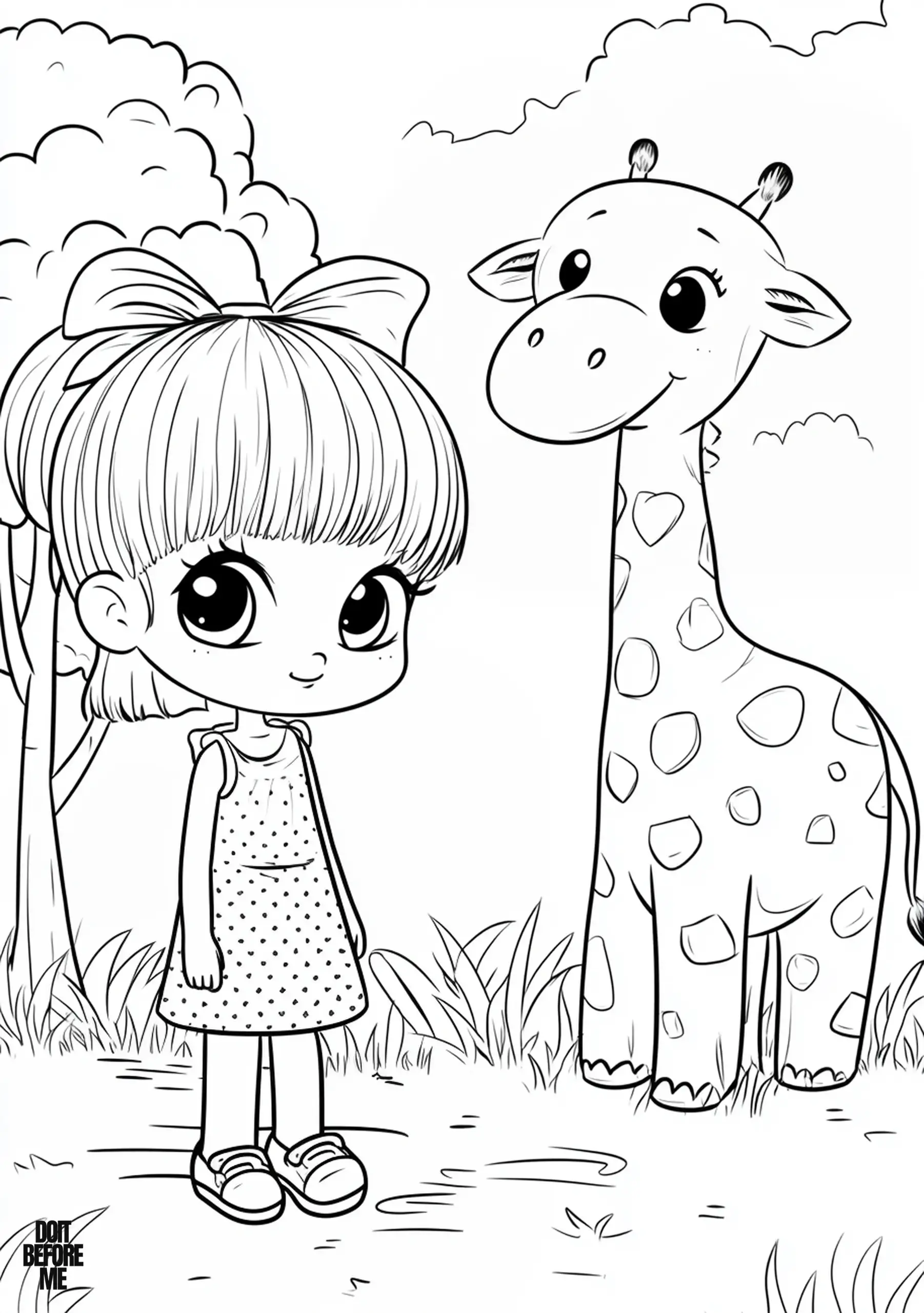 Smiling girl with a bow standing beside a friendly giraffe in a simple park setting.
