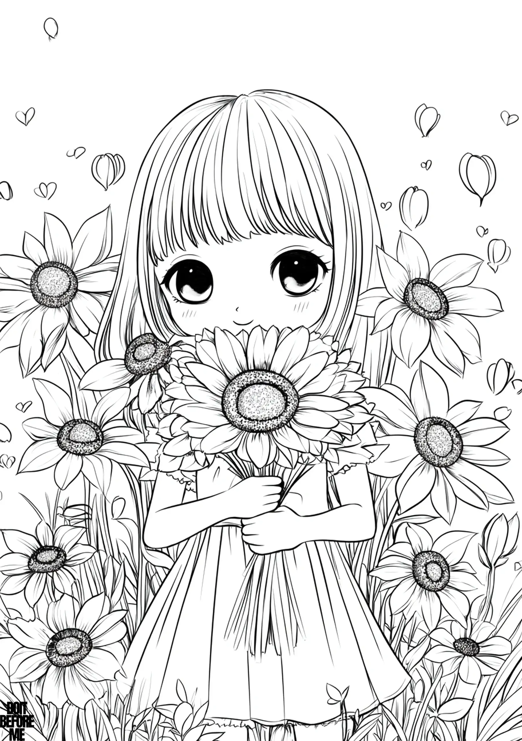 Girl in a simple dress holding a big bundle of sunflowers with petals all around.