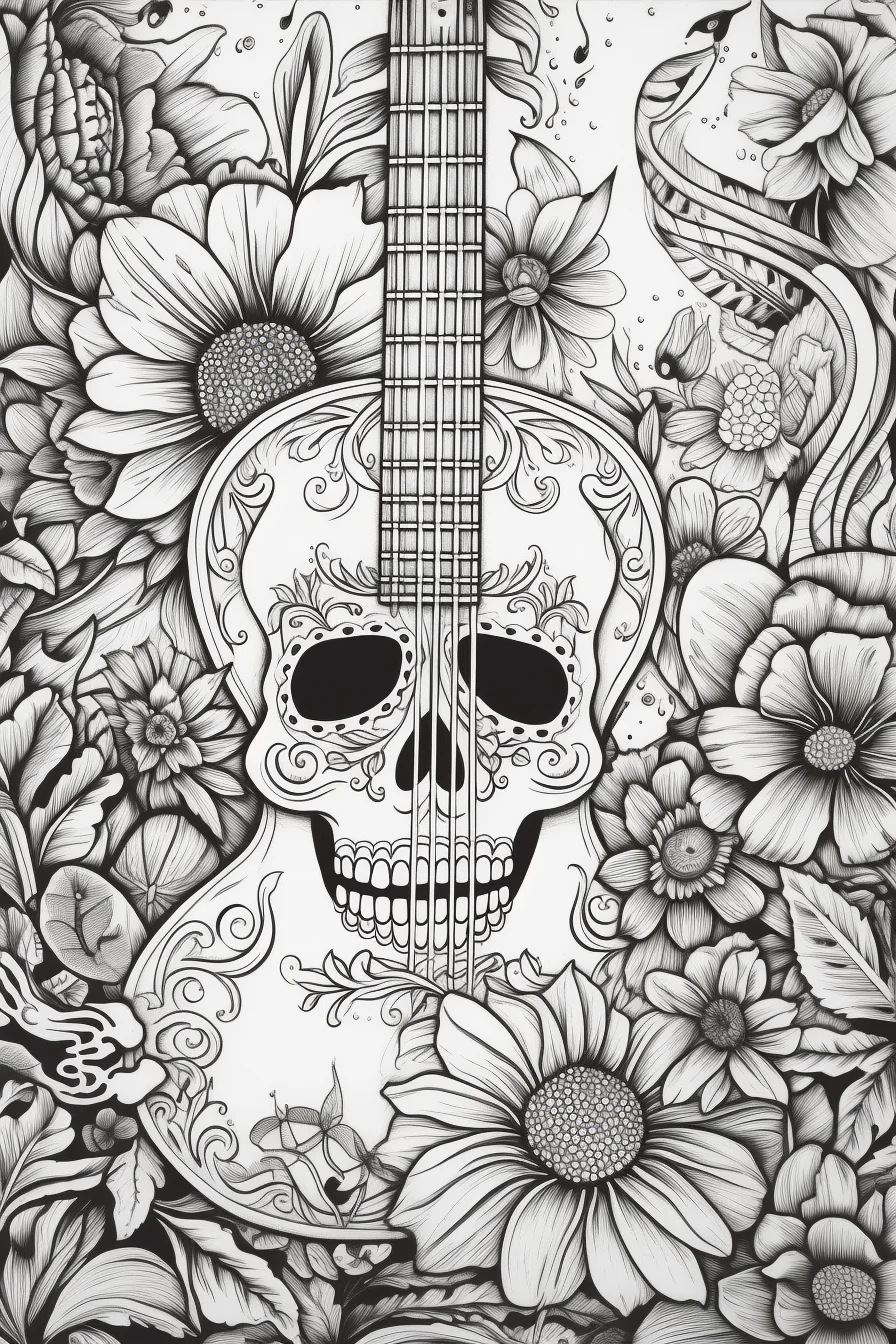 Guitar skull coloring pages for teens
