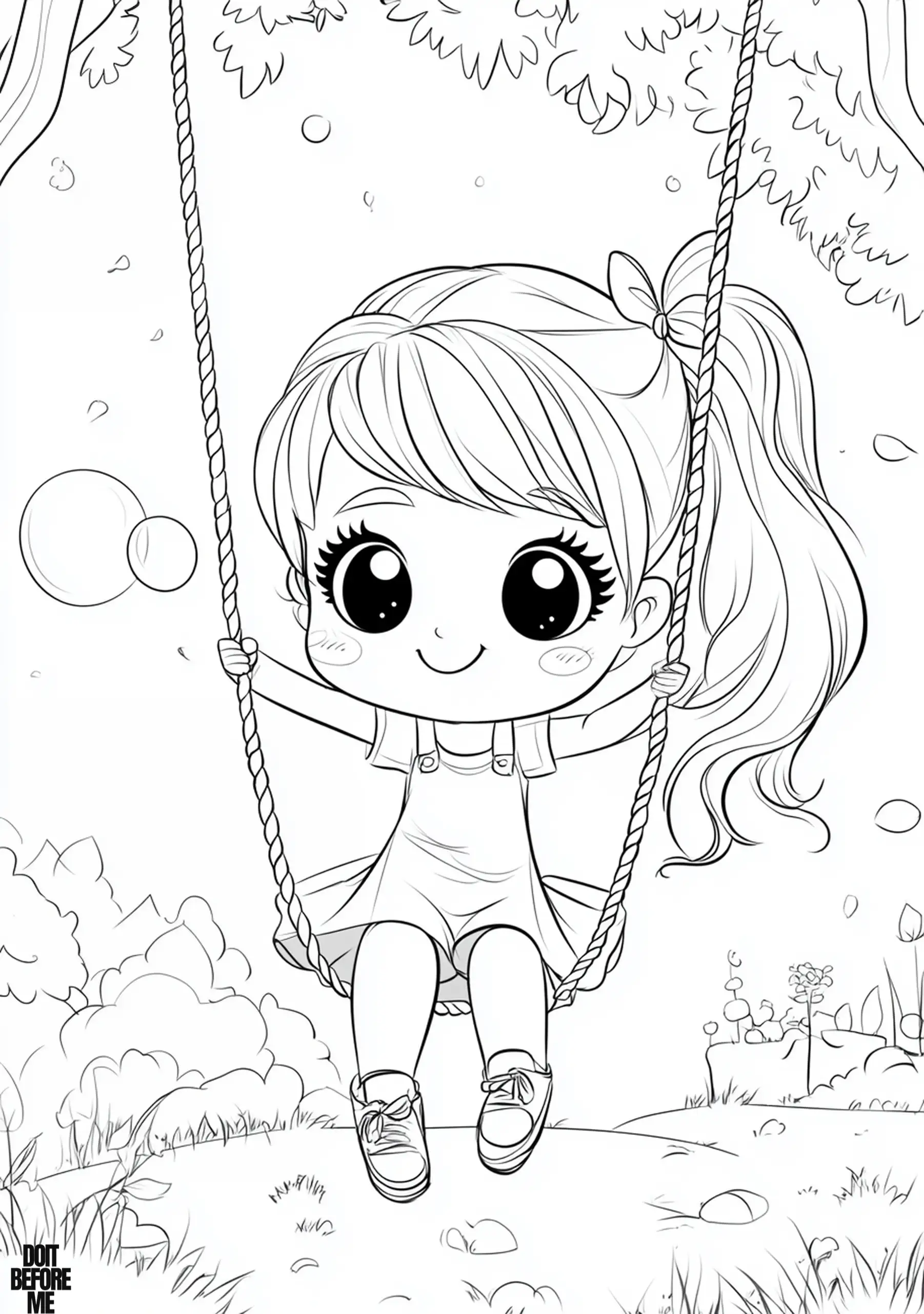 Happy girl on a rope swing with ponytail, simple garden background and bubbles.