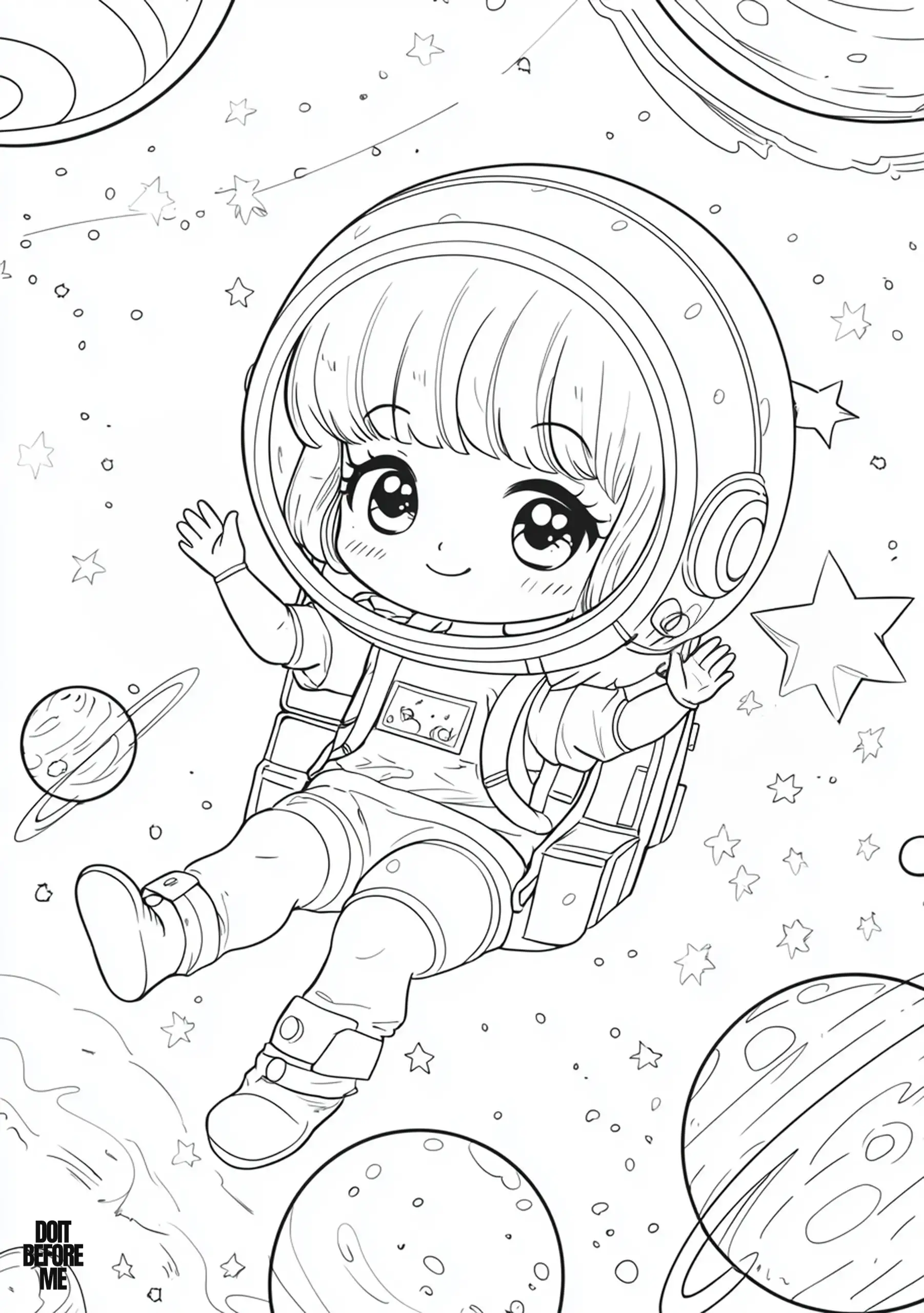 Adorable astronaut girl floating among planets and stars in a space suit and helmet; fun space themed kids coloring.