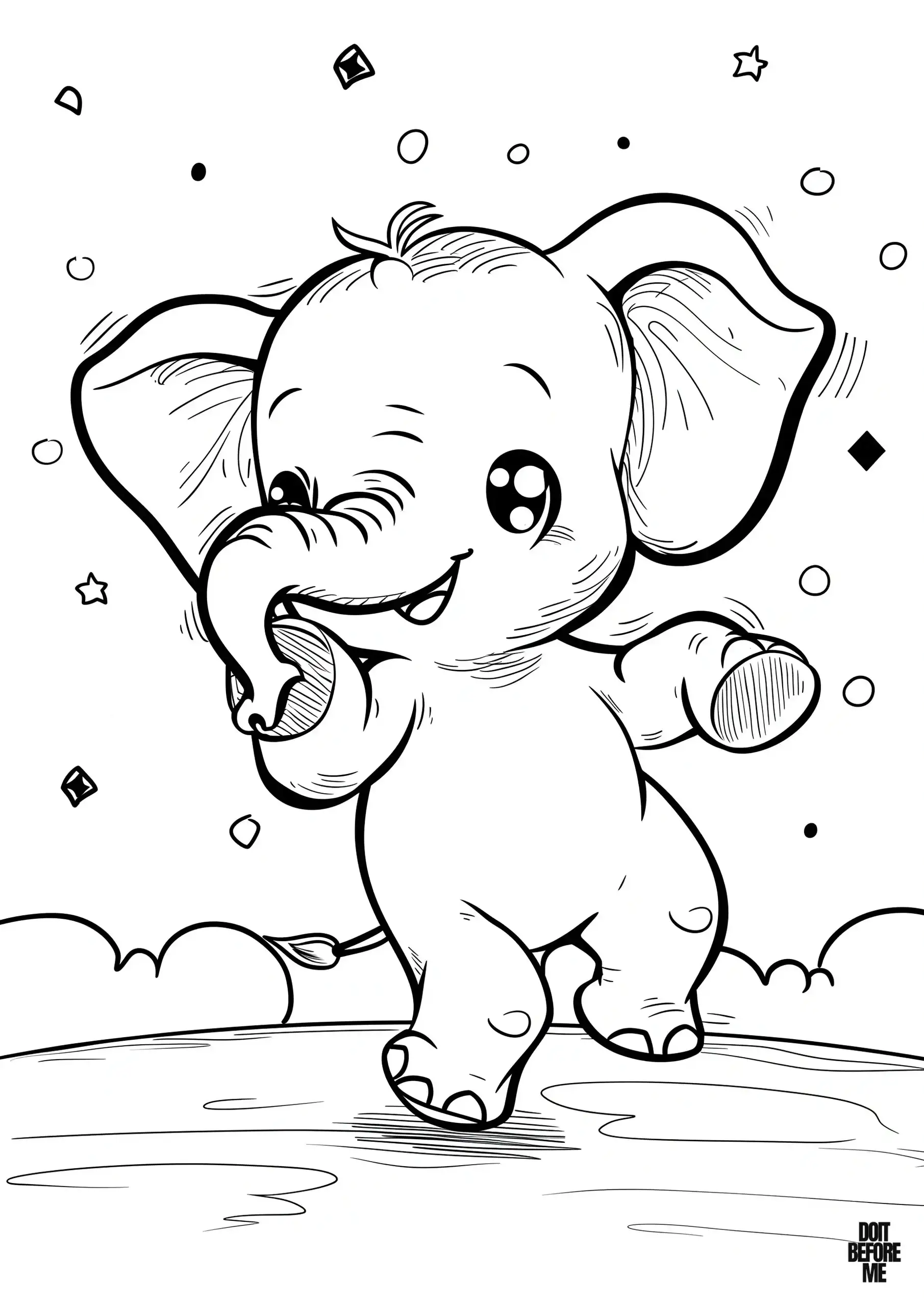 Cheerful baby elephant joyfully dances in playful shapes.