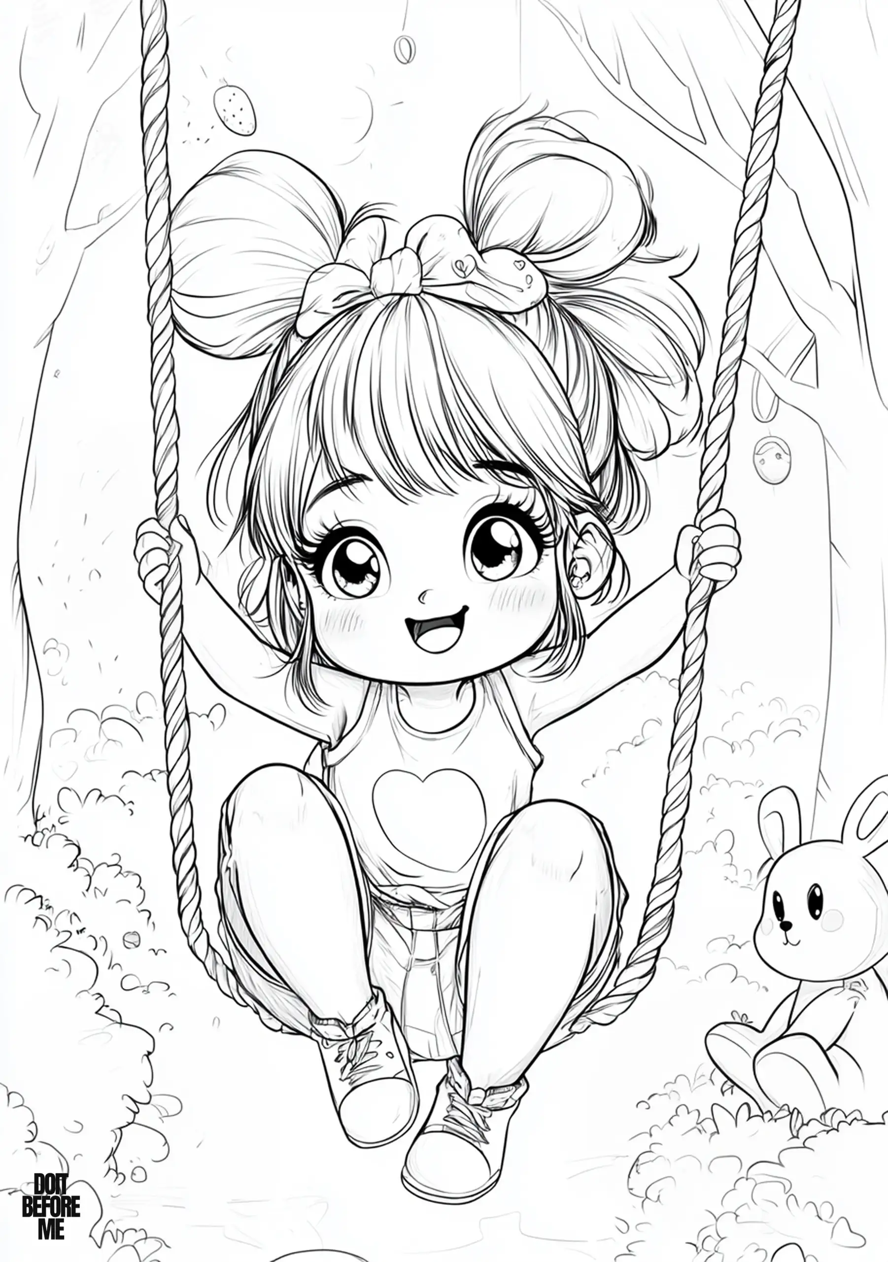 Girl coloring page with a cheerful face, who is swinging in midair. She has two large pigtails tied up high on her head. Her eyes are wide and full of excitement, and her mouth is open in a bright smile. She is wearing a sleeveless top with a heart design on the front and she is gripping the ropes of the swing tightly with her legs bent and her feet just slightly off the ground. Below her, there is a small plush bunny toy rests on the forest floor. Trees are in the background.