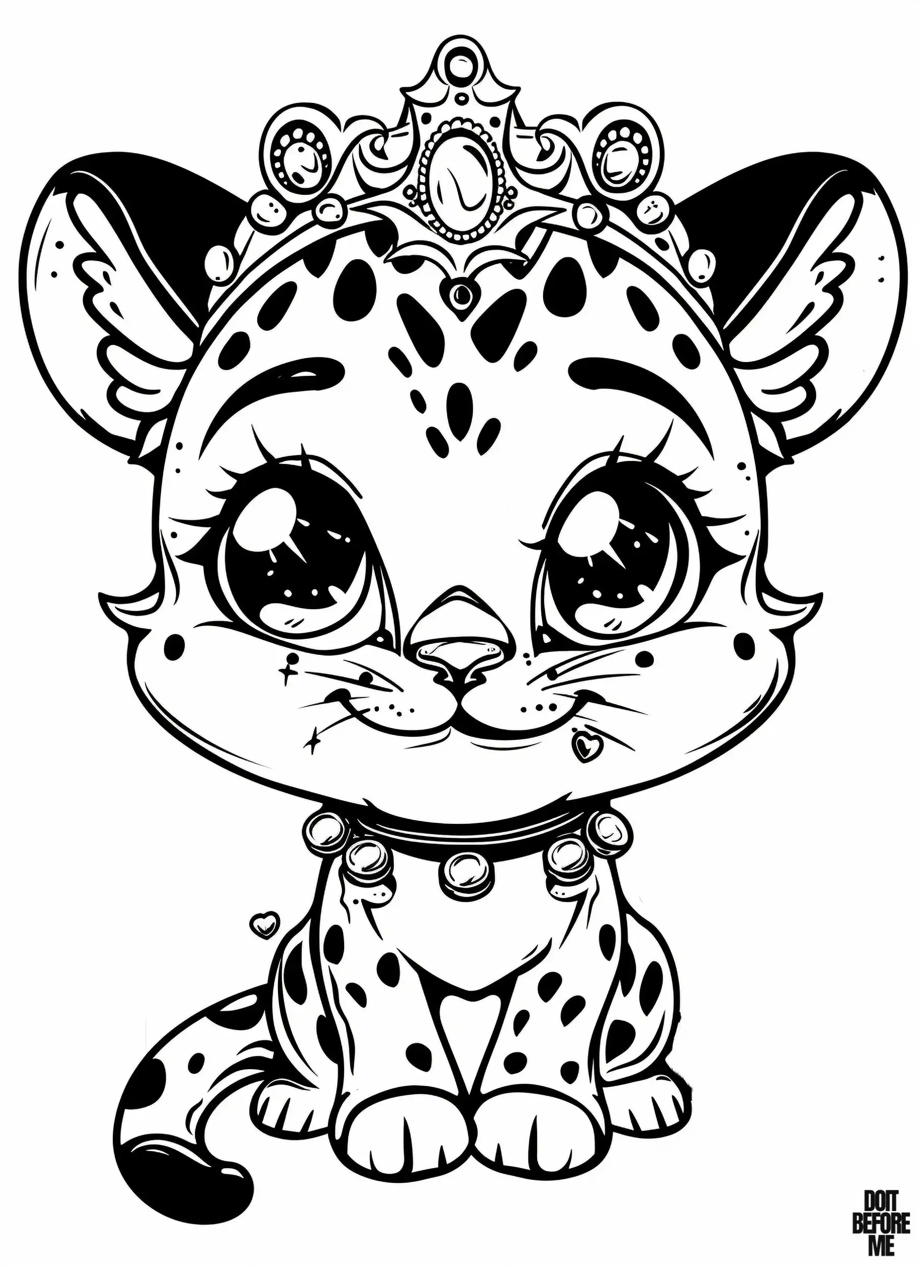 Princess cheetah, depicted with bright kawaii eyes, adorned with a tiara crown and beaded collar, and accompanied by a small heart motif on the left side, presents a coloring page suitable for children, while also possessing an appeal to adults due to its endearing nature.