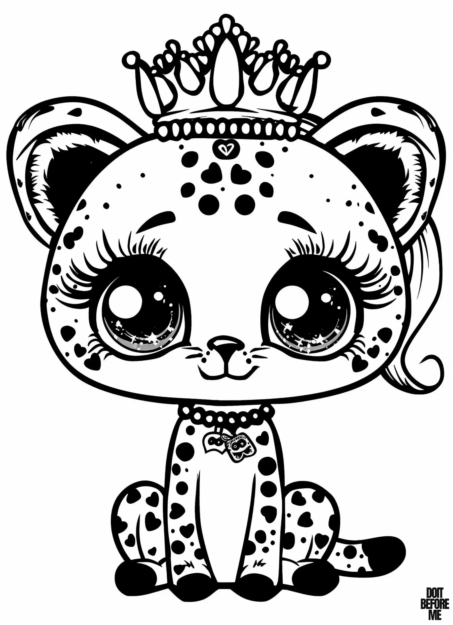 Baby princess cheetah is adorned with a princess crown, long eyelashes, a big head with shining eyes, and a pearl collar.