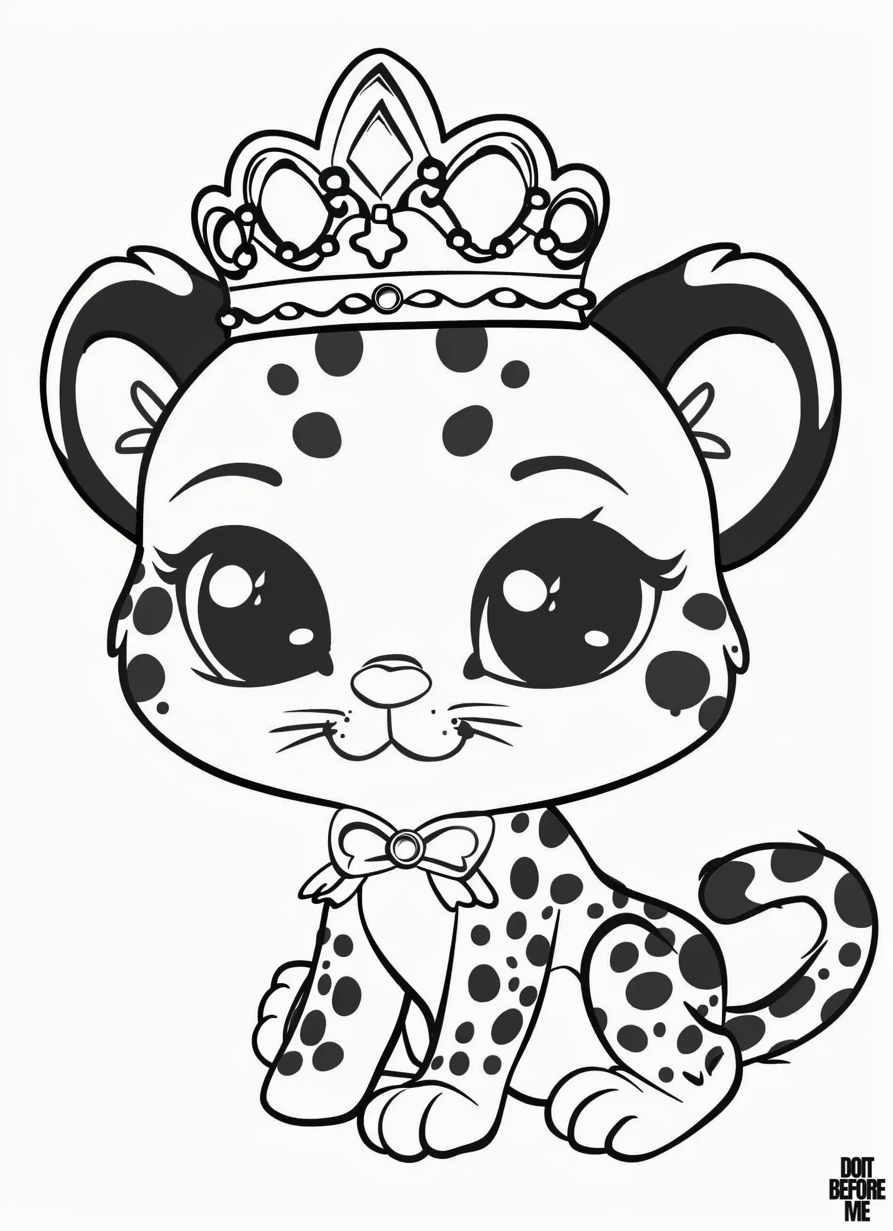 A baby cheetah adorned with a royal crown and a cute ribbon, featuring colorable lines designed for kids.